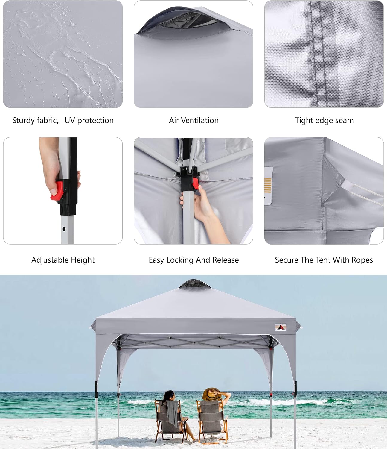 ABCCANOPY Outdoor Pop up Canopy Tent, 10x10 Instant Portable Canopy for Camping, Beach, Backyard,Gray | Water resistant & UV protection canopy, easy setup, with carry bag, ideal for camping, beach, backyard, market events