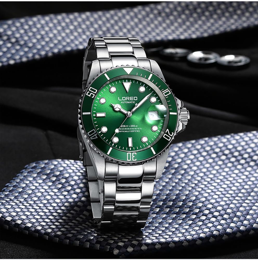 LOREO Men's Automatic Watch Sapphire Crystals 200M Waterproof | Rotating Bezel Luminous Markers and Hands Date 316L Stainless Steel Case and Bracelet Waterproof Watch