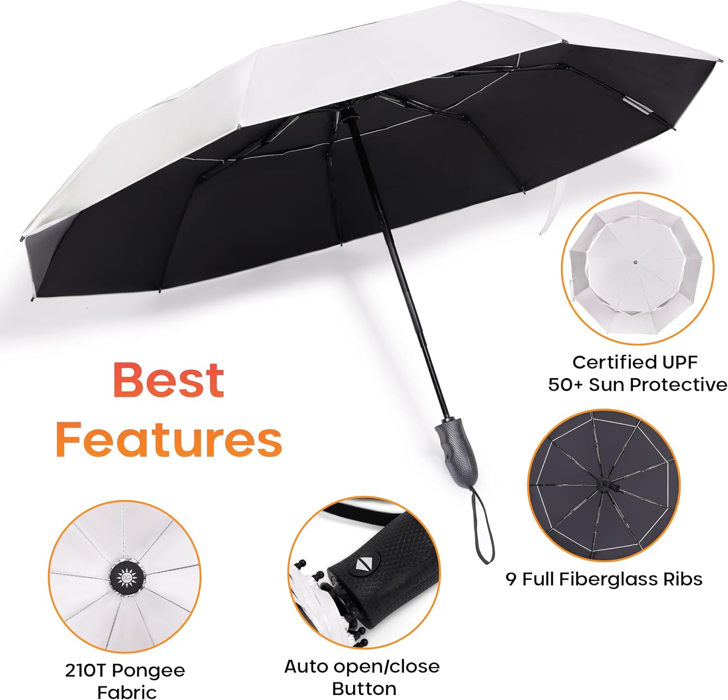 Premium UV Travel Umbrella Compact Windproof & Waterproof Umbrella for Walking | 9-Rib Fiberglass Frame, Heavy Duty Design, Auto Open/Close