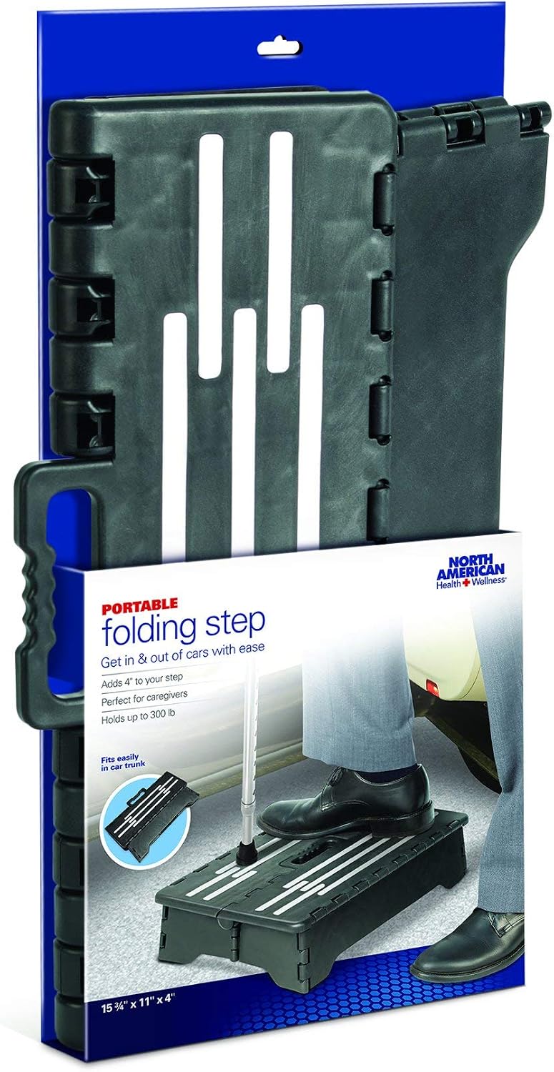 North American Health + Wellness Portable Folding Step, 4" Non-Slip Stool w/Handle, Black