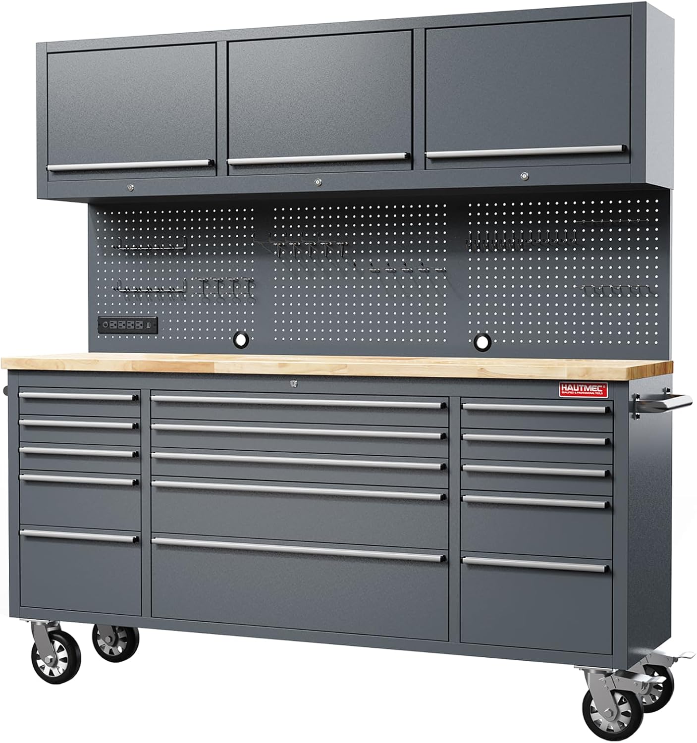 HAUTMEC 72" Rolling Tool Chest with 15 Lockable Drawers & 3 Upper Cabinets, Heavy-Duty 16-Gauge Steel Garage Workbench with Solid Oak Top