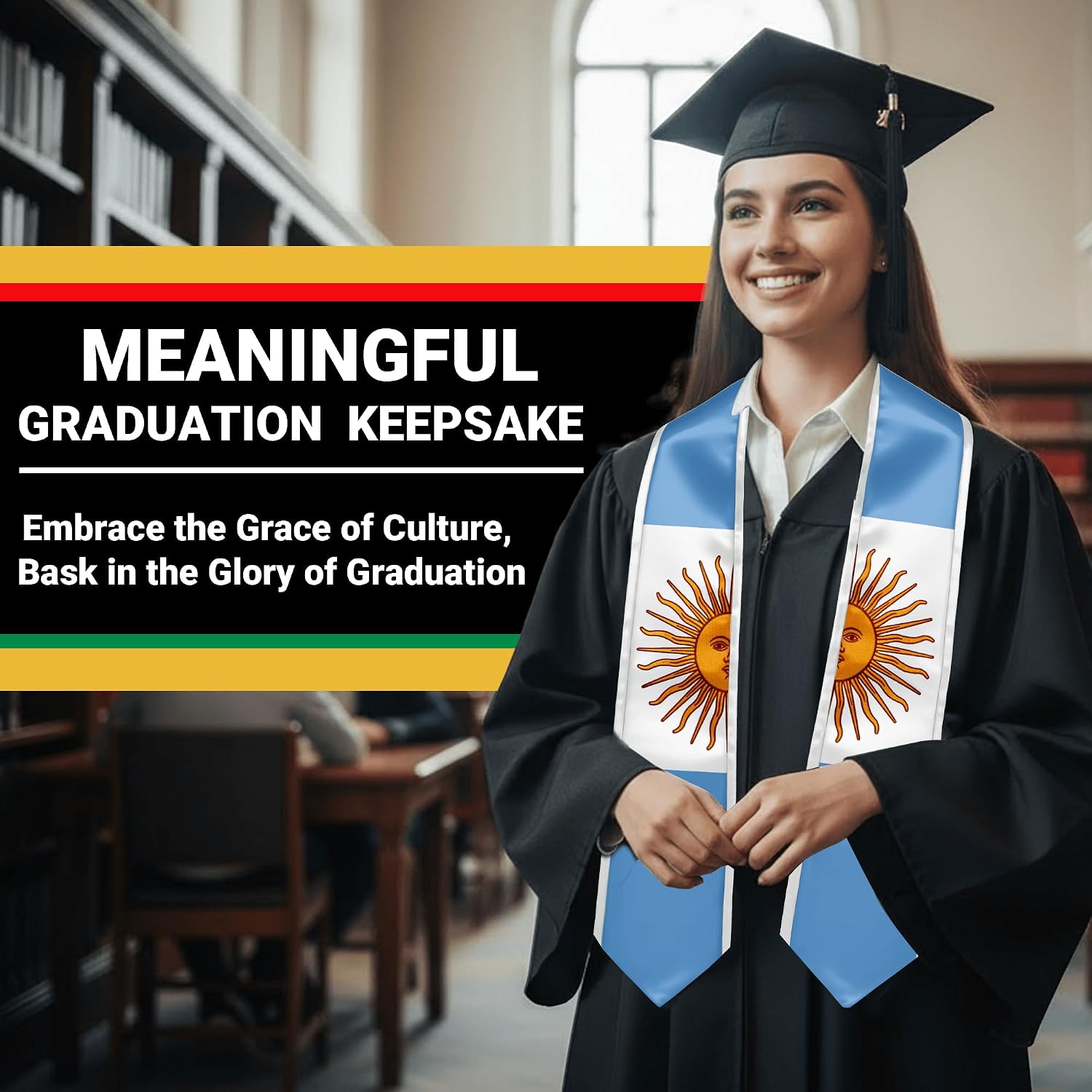 YOXEULL National Flag Embroidered Graduation Stole with Trim, Graduation Sash Graduates Gift, 72"