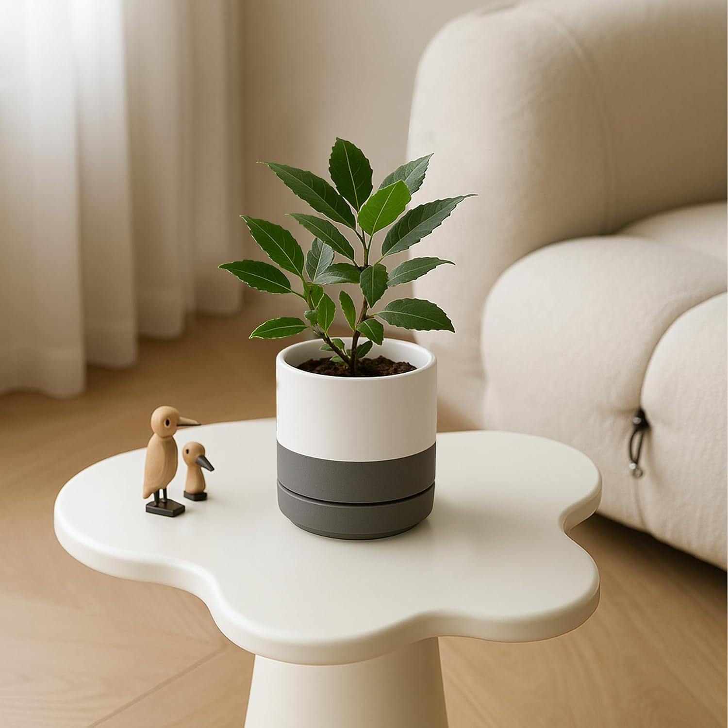 D'vine Dev 2-Pack Ceramic Pots with Saucers, White/Grey, 4.7 in, 94-V-B-6
