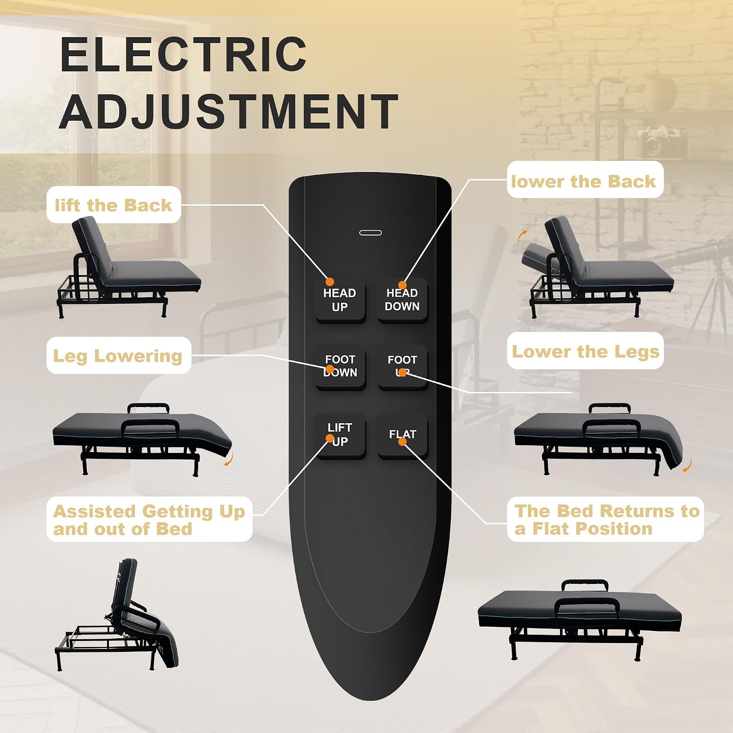 Electric Lift Bed for Elderly, Remote Control Adjustable Bed with 5.91" Mattress, Quiet Motor and Removable Tray, Zero Gravity Position Bed Frame Suitable for Hospital/Home Care