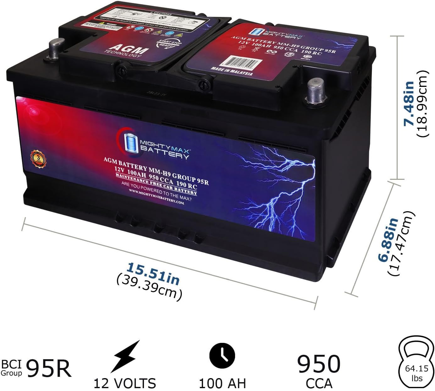 Mighty Max Battery MM-H8 Start and Stop Car BCI Group 49 12V 95Ah, 160RC, 900 CCA Rechargeable AGM Car Battery