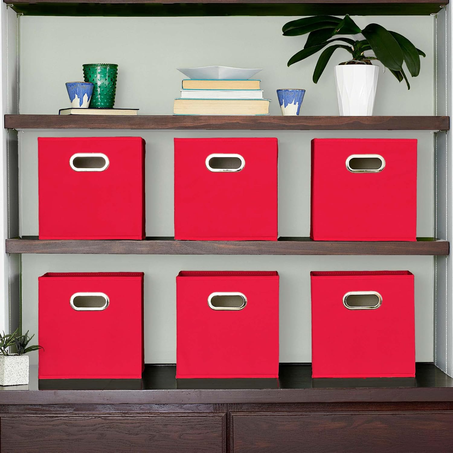 Household Essentials Fabric Storage Bins 6 Piece Set, Strong Poly-Woven Fabric, Sturdy Chipboard Sides, Grommet Front Handle, Stackable and Foldable, Classic Design, Navy