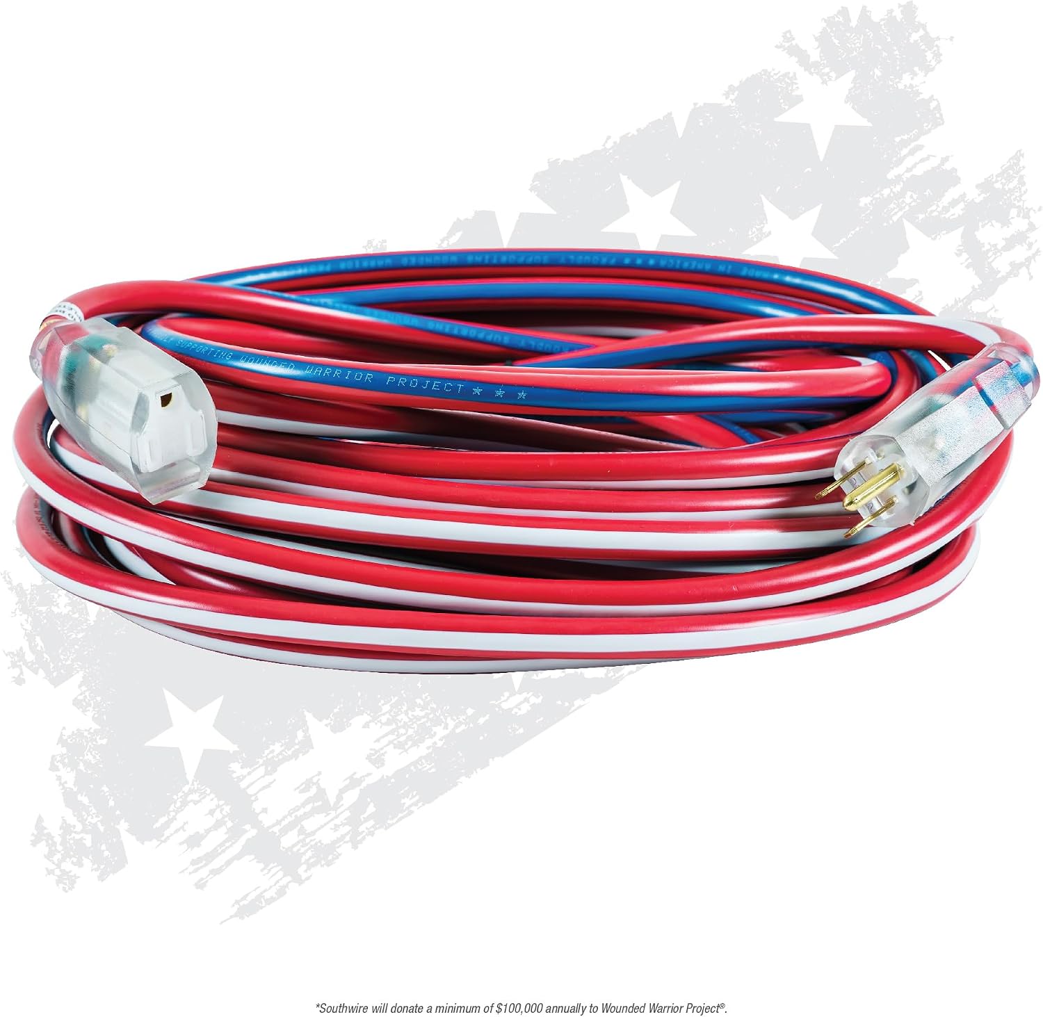 Southwire Heavy Duty Extension Cord, 50Ft, 12 Gauge, 3 Conductor, Outdoor Cord, Lighted End, SJTW, Red/White/Blue, 2548SWUSA1