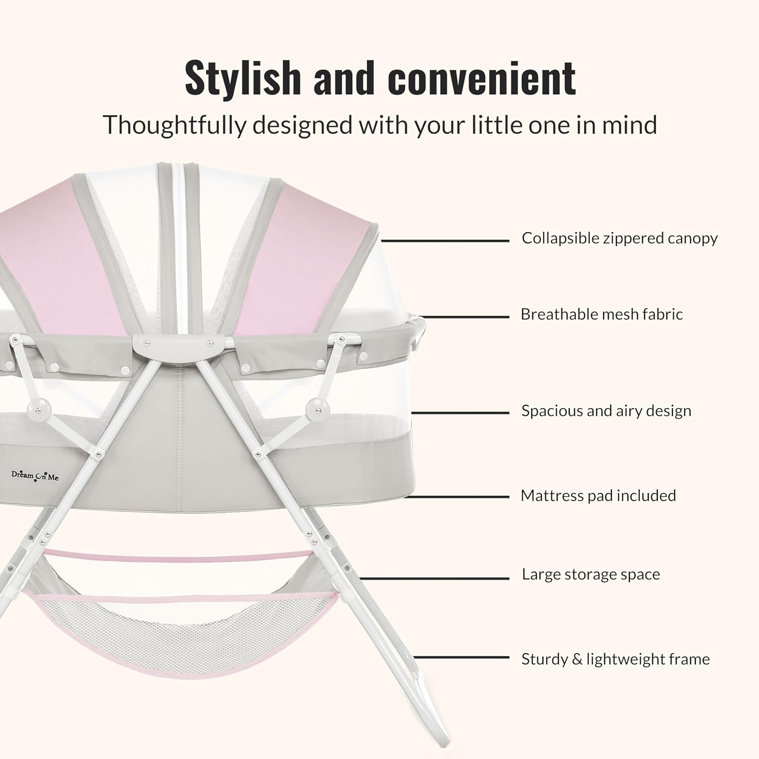 Dream On Me Karley Bassinet in Grey and Pink