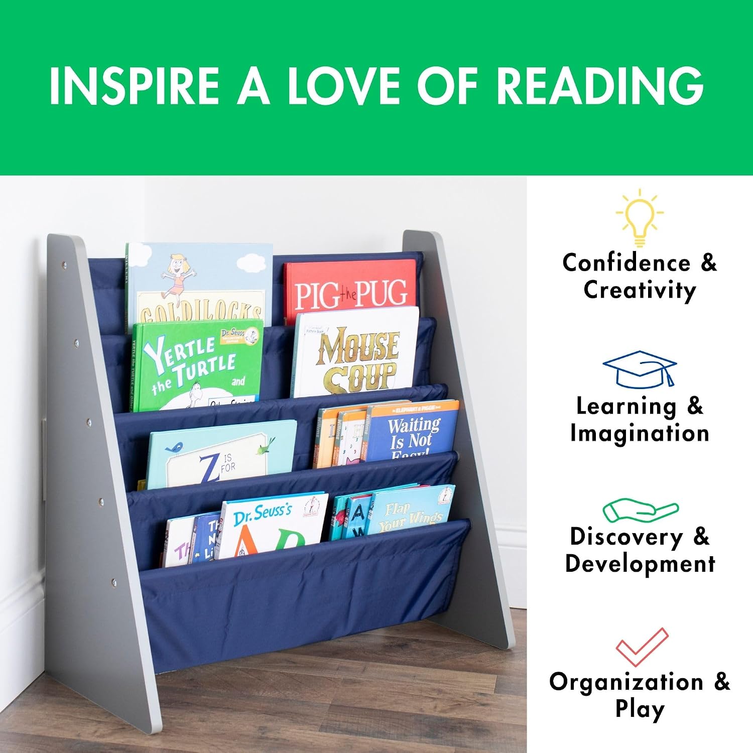 Humble Crew Kids Bookshelf, Montessori Front Facing Toddler Bookcase 4 Tier | Book display rack and reading nook organizer, nylon pockets show covers face out, compact for any playroom or bedroom space