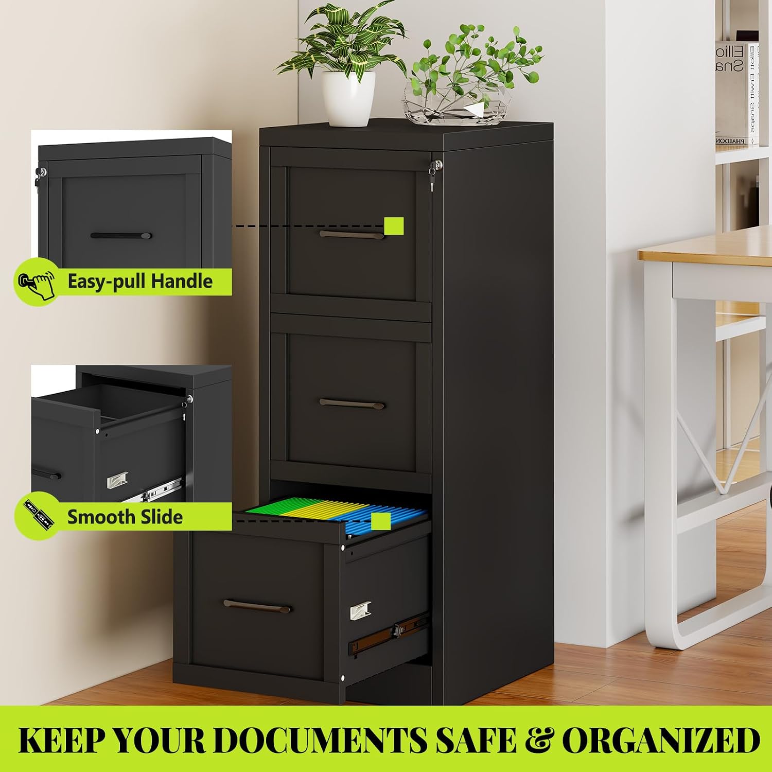 3 Drawer File Cabinet, Office Mobile Filing Cabinet, Printer Stand | All-in-One Office Storage, 3 Storage Drawers, 2 Adjustable Shelves, Lockable Cabinet, 4 Casters, 46.5-Inch Top