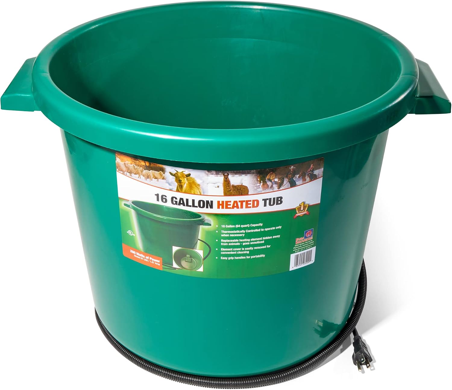 Farm Innovators Heated Water Bucket, 200W Heating Power - 16 Gallon Plastic Bucket with Replaceable Heating Element for Livestock Watering & Feeding | Thermostatically controlled to operate only when necessary, large 16-gallon capacity, anti-chew cord