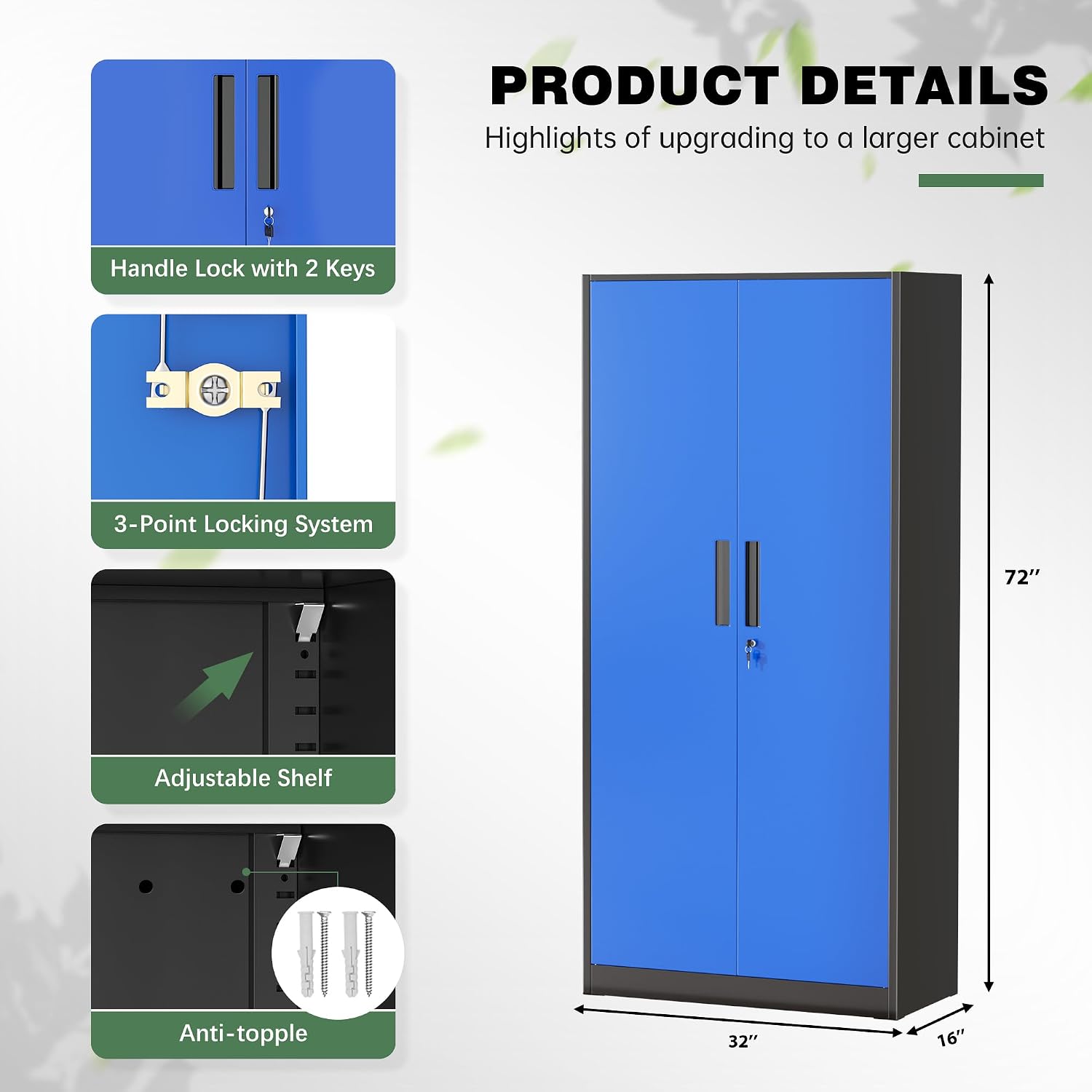 Greenvelly Steel SnapIt Storage Cabinet, 72" Locking Metal Garage Storage Cabinet with 4 Adjustable Shelves, 2 Doors and Lock for File, Office, Garage