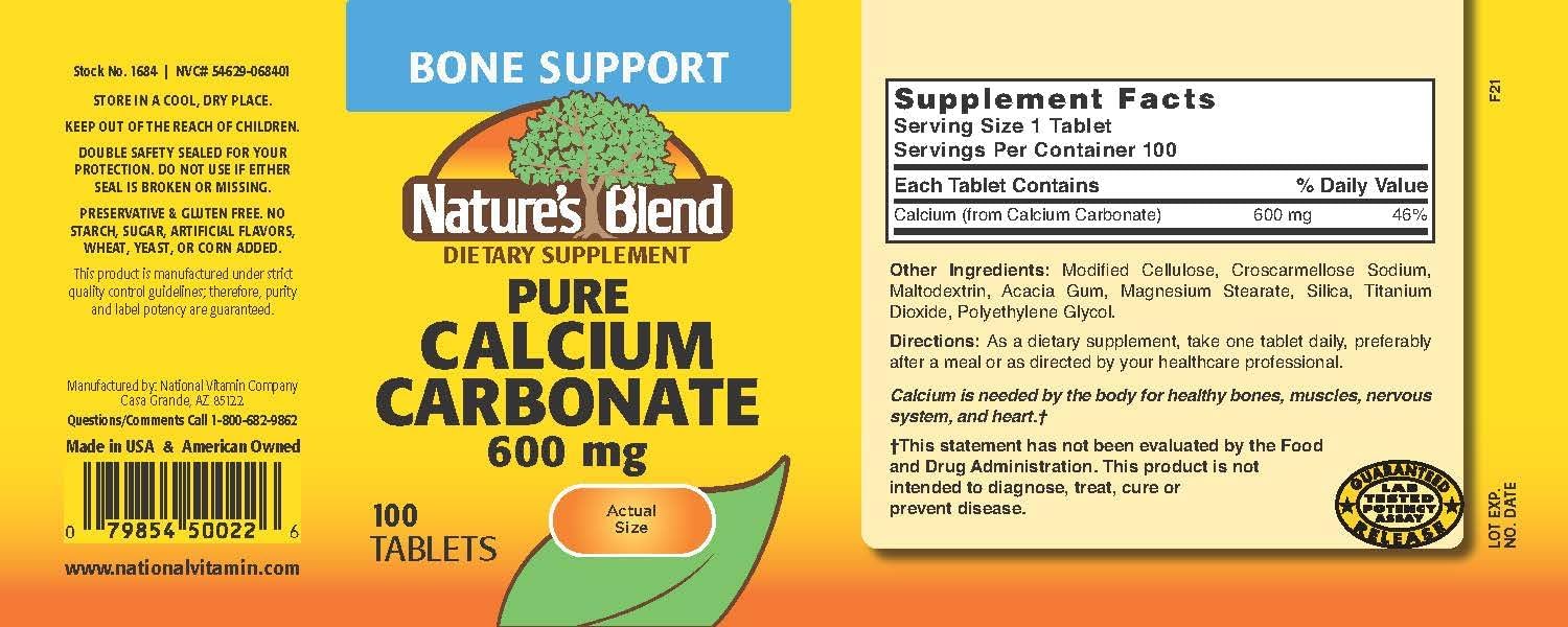Nature's Blend Pure Calcium Carbonate 600 mg 100 Tabs (1684)