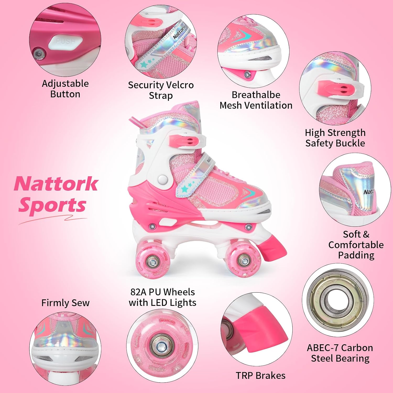 Nattork Kids Roller Skates for Boys Girls Kids, 4 Sizes Adjustable Quad Skates with All Light up Wheels - Birthday Gift for Indoor Outdoor Sports