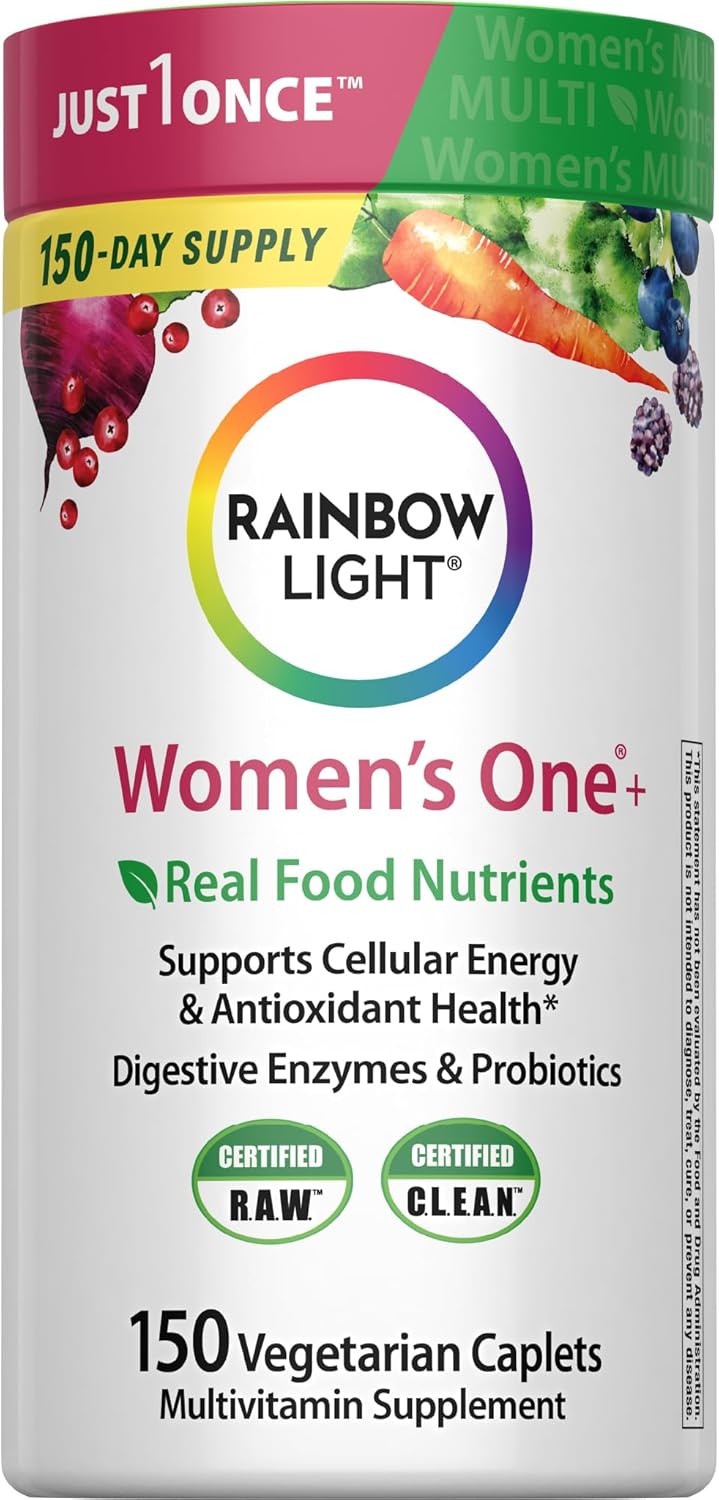 Rainbow Light Womens Multivitamin One + | 60 Caplets | Supports Energy & Antioxidant Health | Real Food Nutrients, Digestive Enzymes & Probiotics