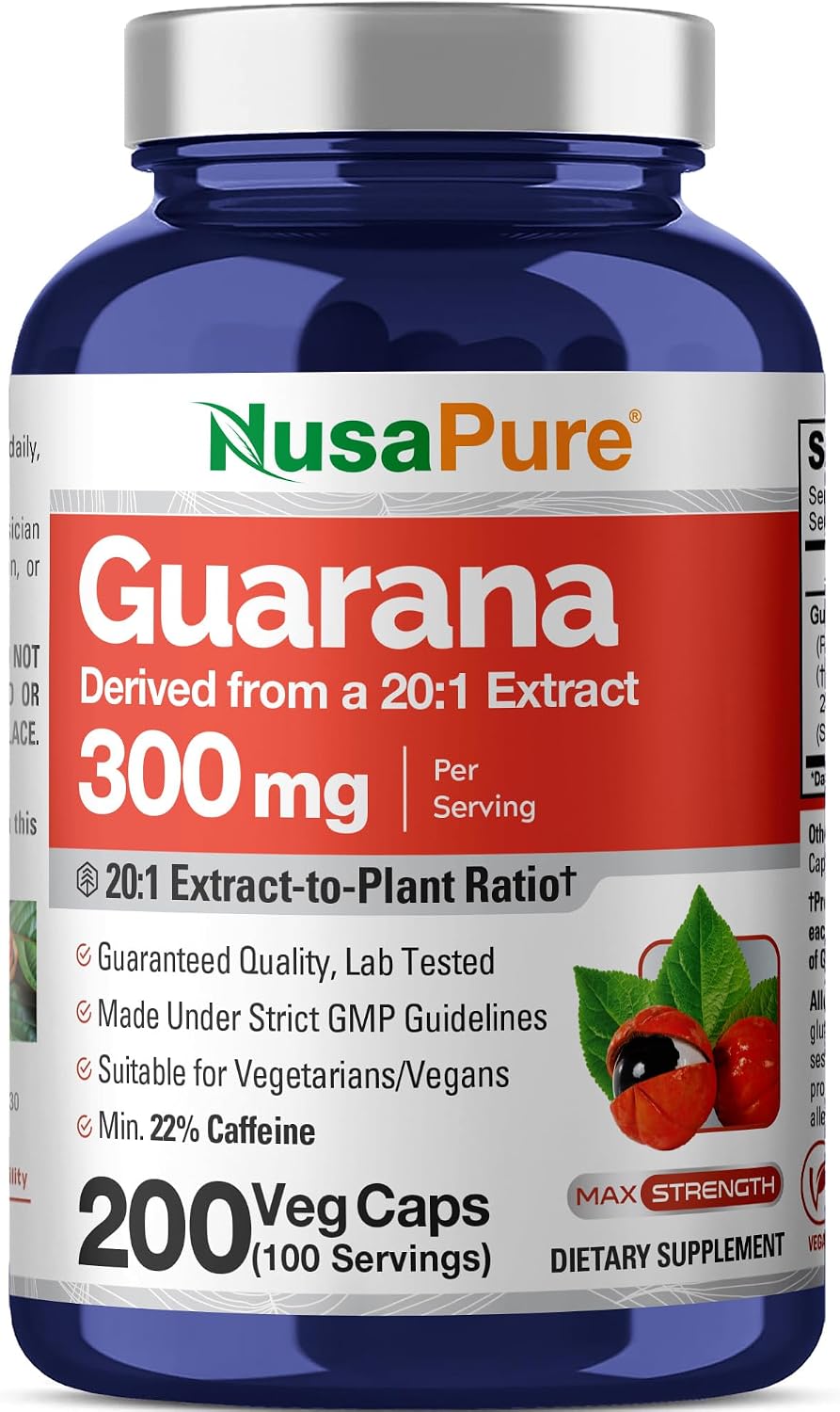 Guarana seed, Non-GMO, Vegan, 300mg, 200 Veggie Capsules - 100 Servings | Plant Based, 20:1 Paullinia cupana Extract, 22% Caffeine