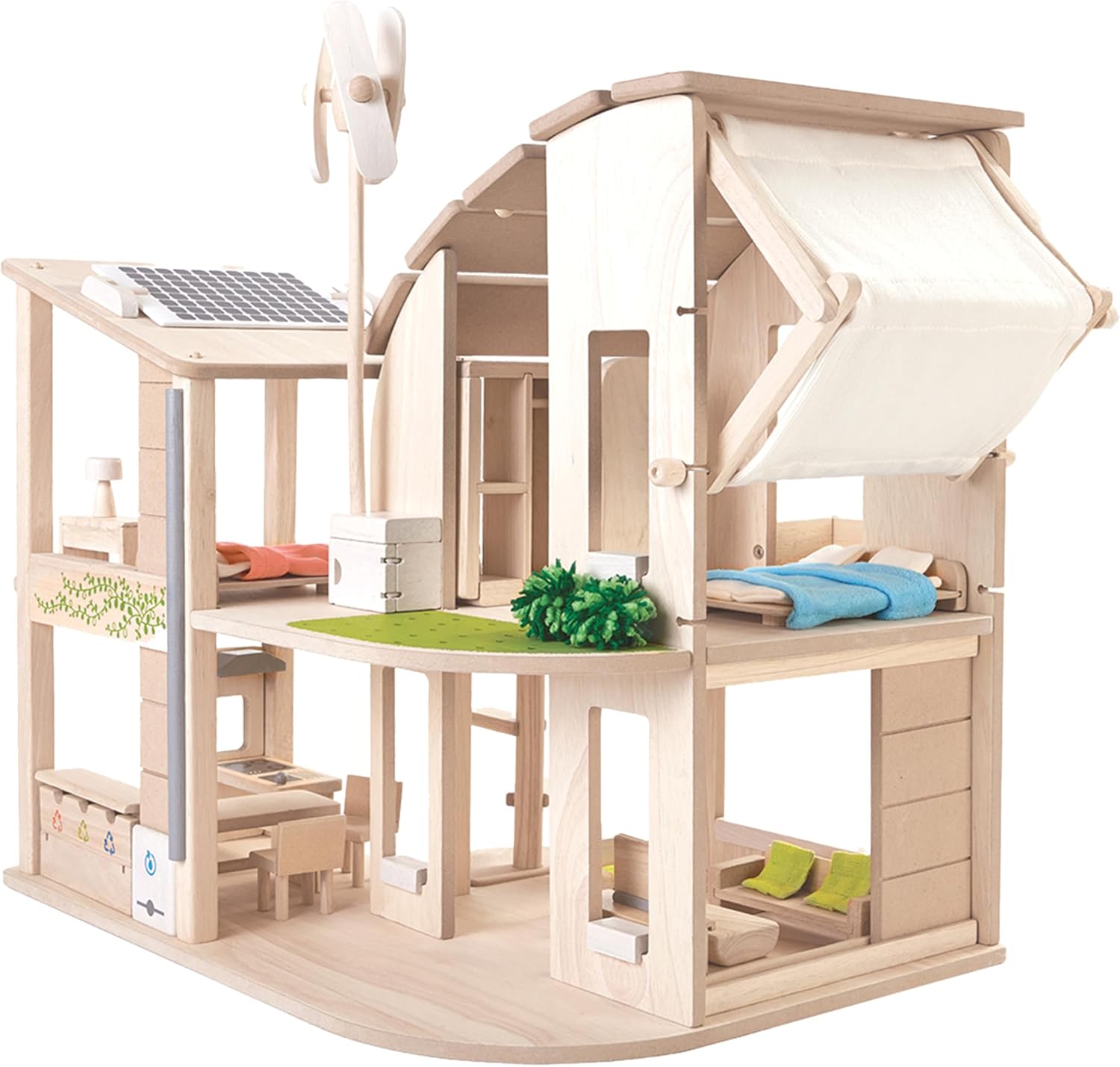 PlanToys® Green Wooden Dollhouse with Solar Panel, Wind Turbine & Furniture | recycling system, eco-friendly doll house, sustainable pretend play, kids, girls, environmental learning gift for boys