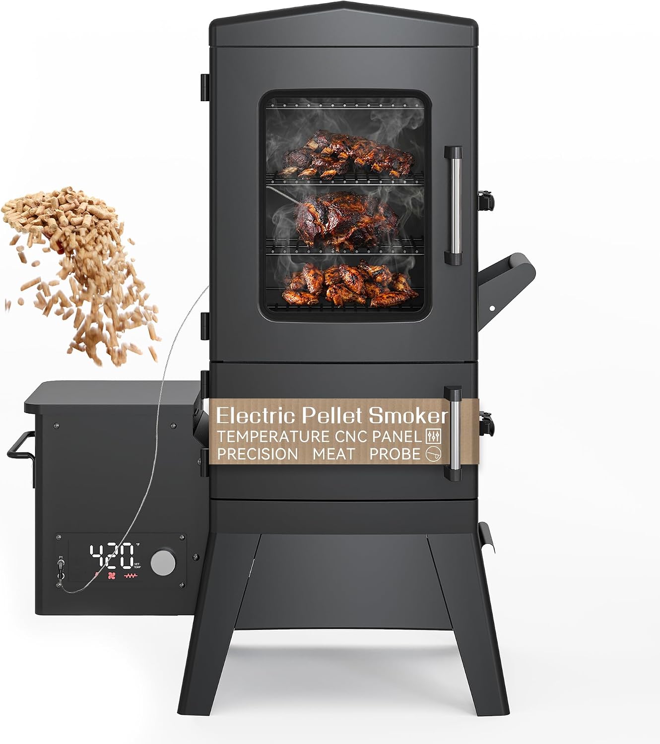 Vertical Pellet Smoker Grill with Digital Temperature Control, 4-Rack Electric BBQ Smoker with Meat Probe & Cover