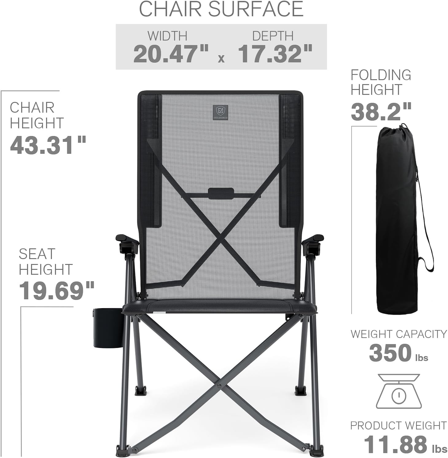EVER ADVANCED Reclining Camping Chairs for Adult Supports 350lbs Mesh Black | Lightweight, Folding Recliner with Adjustable Back