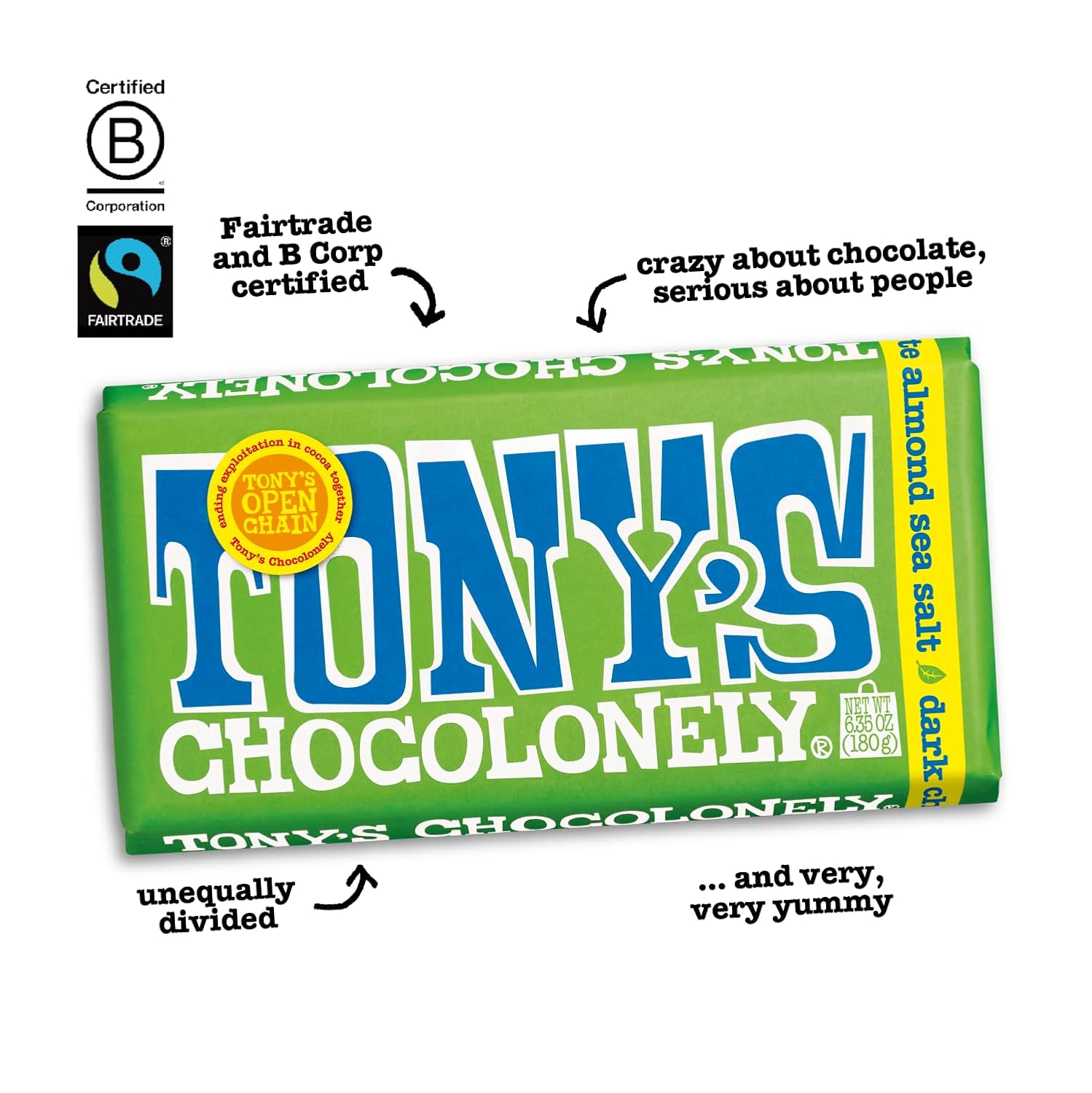 Tony's Chocolonely 42% Dark Milk Chocolate Bar with Pretzel & Toffee - Dark Milk Chocolate, Pretzel & Toffee Chunks, Belgium Chocolate