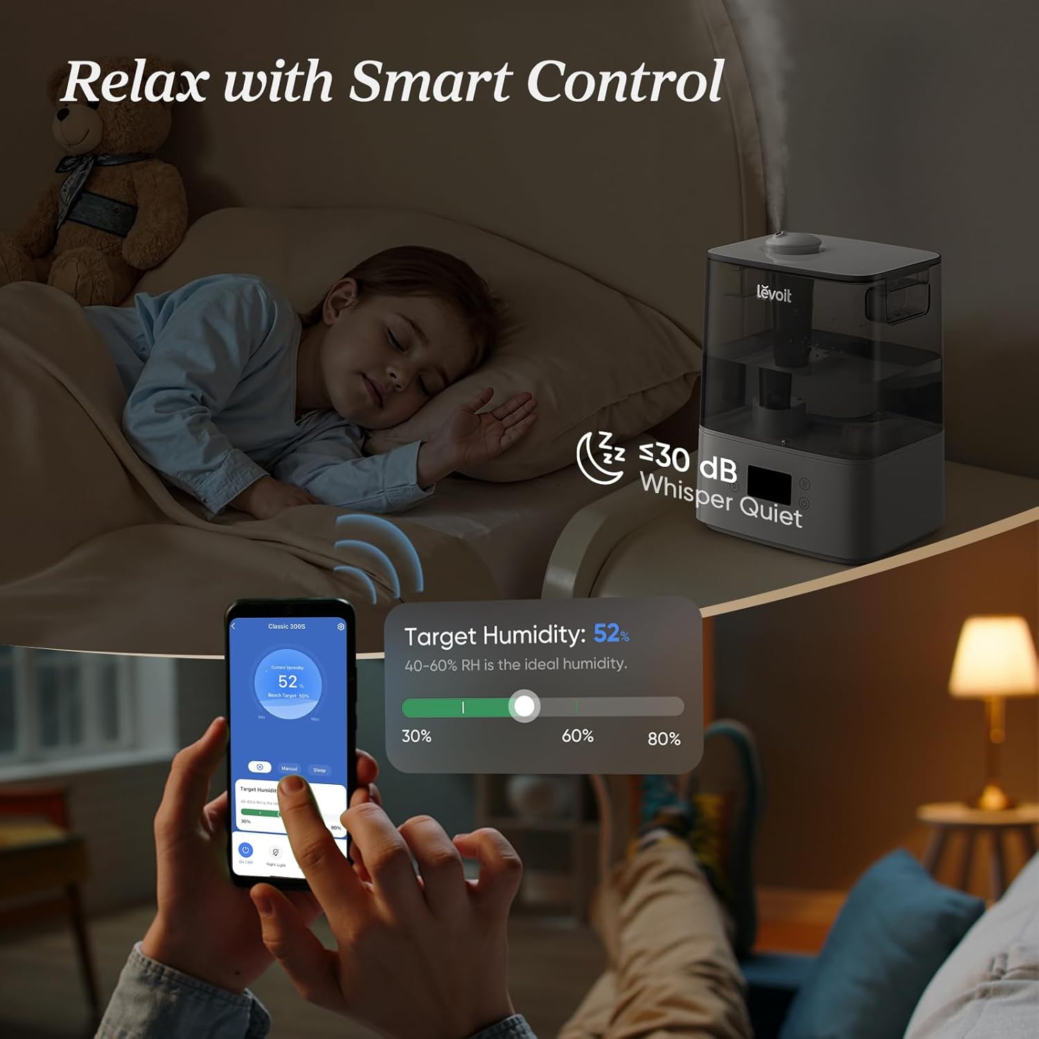 Levoit Humidifiers for Bedroom Large Room, 6L, 60H Runtime, 26dB, Smart App
