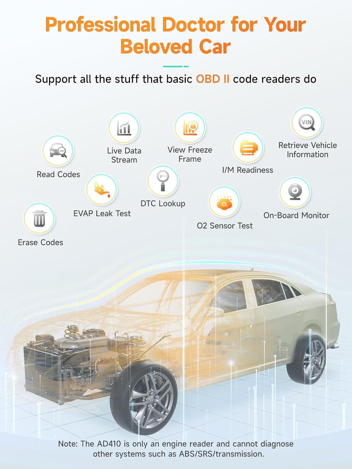 ANCEL AD410 Enhanced OBD2 Scanner, Vehicle Code Reader for Check Engine Light, Automotive OBD II Scanner Fault Diagnosis