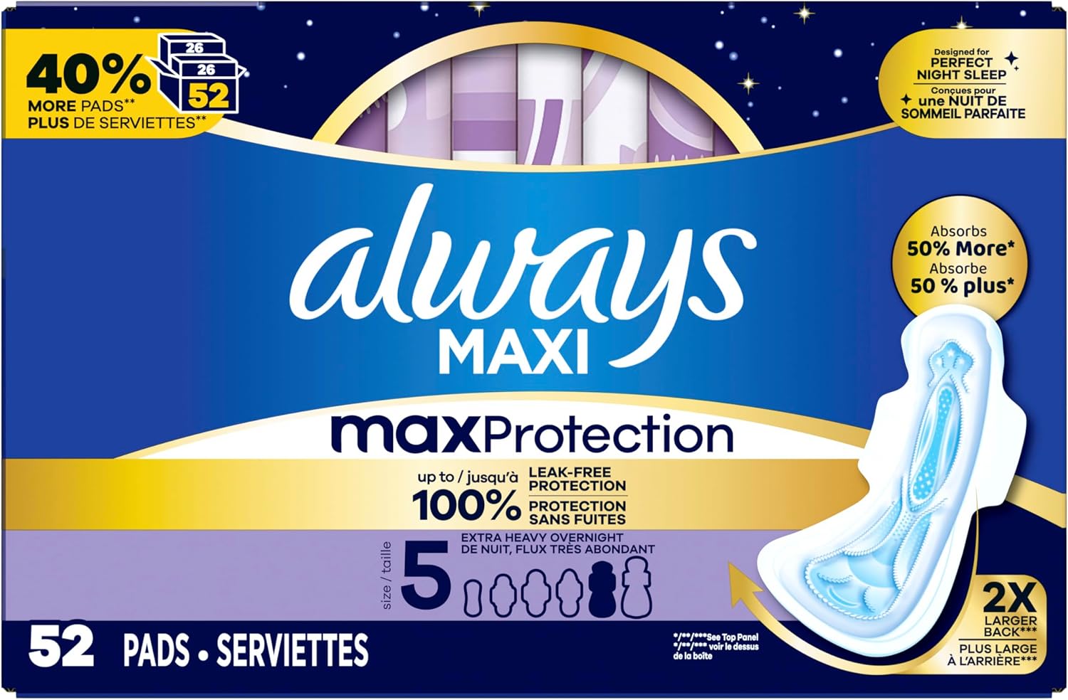 Always Maxi Overnight Pads with Wings for Women, Size 5, Extra Heavy Overnight Absorbency, Unscented, 36 Count