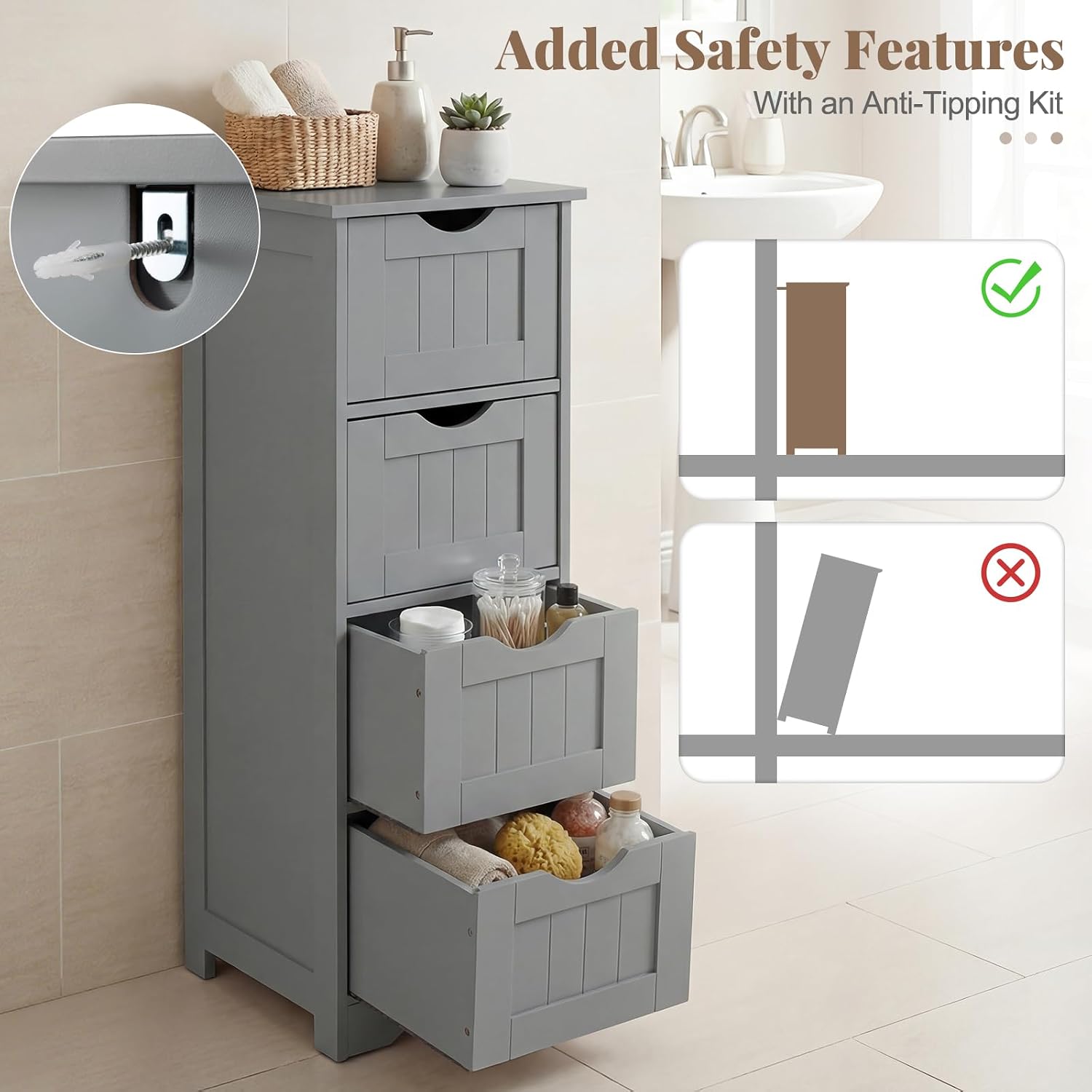 Tangkula Bathroom Floor Cabinet, Freestanding Narrow Side Storage Organizer with 4 Drawers, Multifunctional Towel Cabinet with Anti-Tip Kit for Living Room Laundry Entryway (4 Drawers, White)