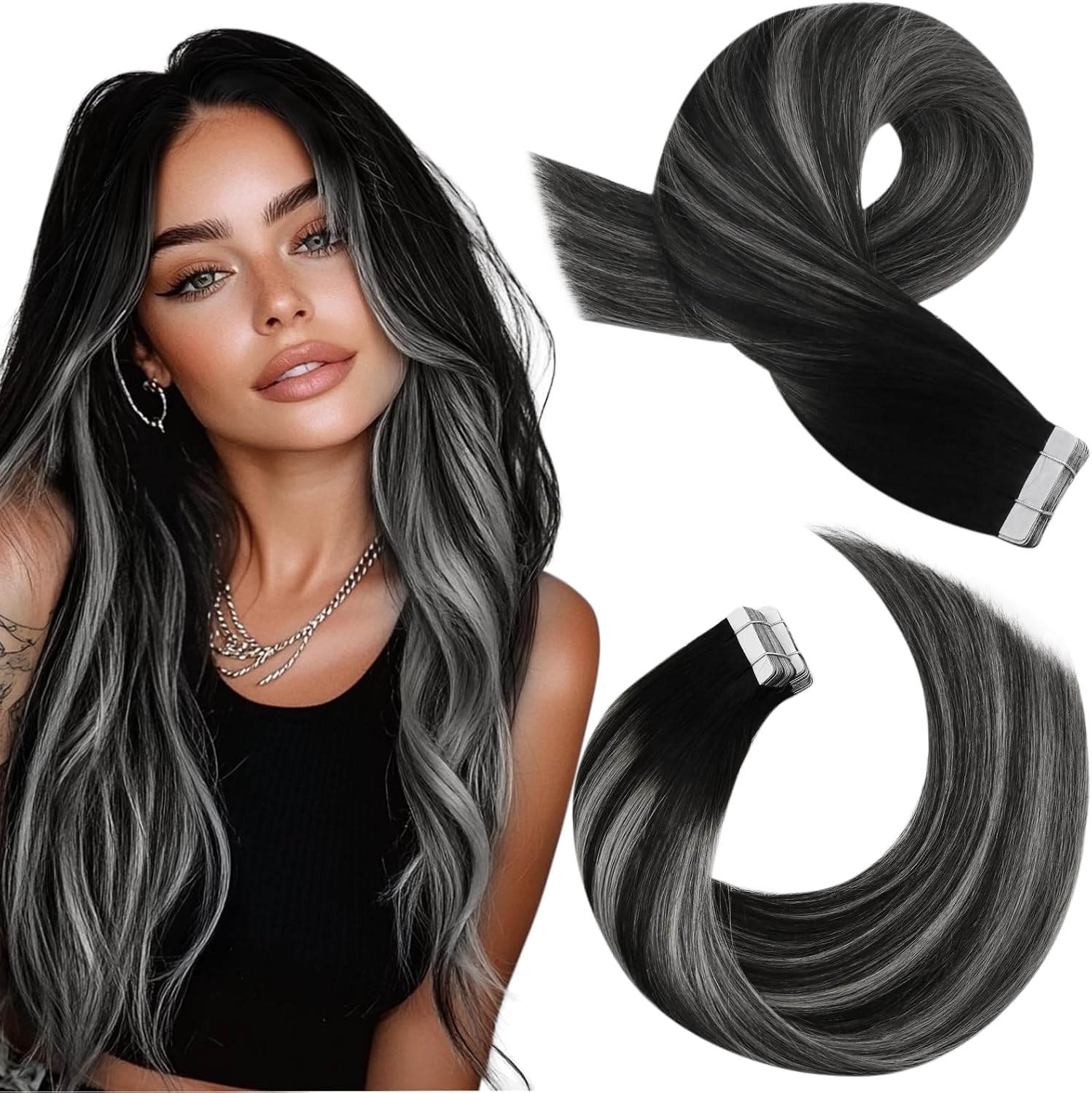 Moresoo Black Tape in Hair Extensions Human Hair, 18 Inch, 20Pcs, 50g