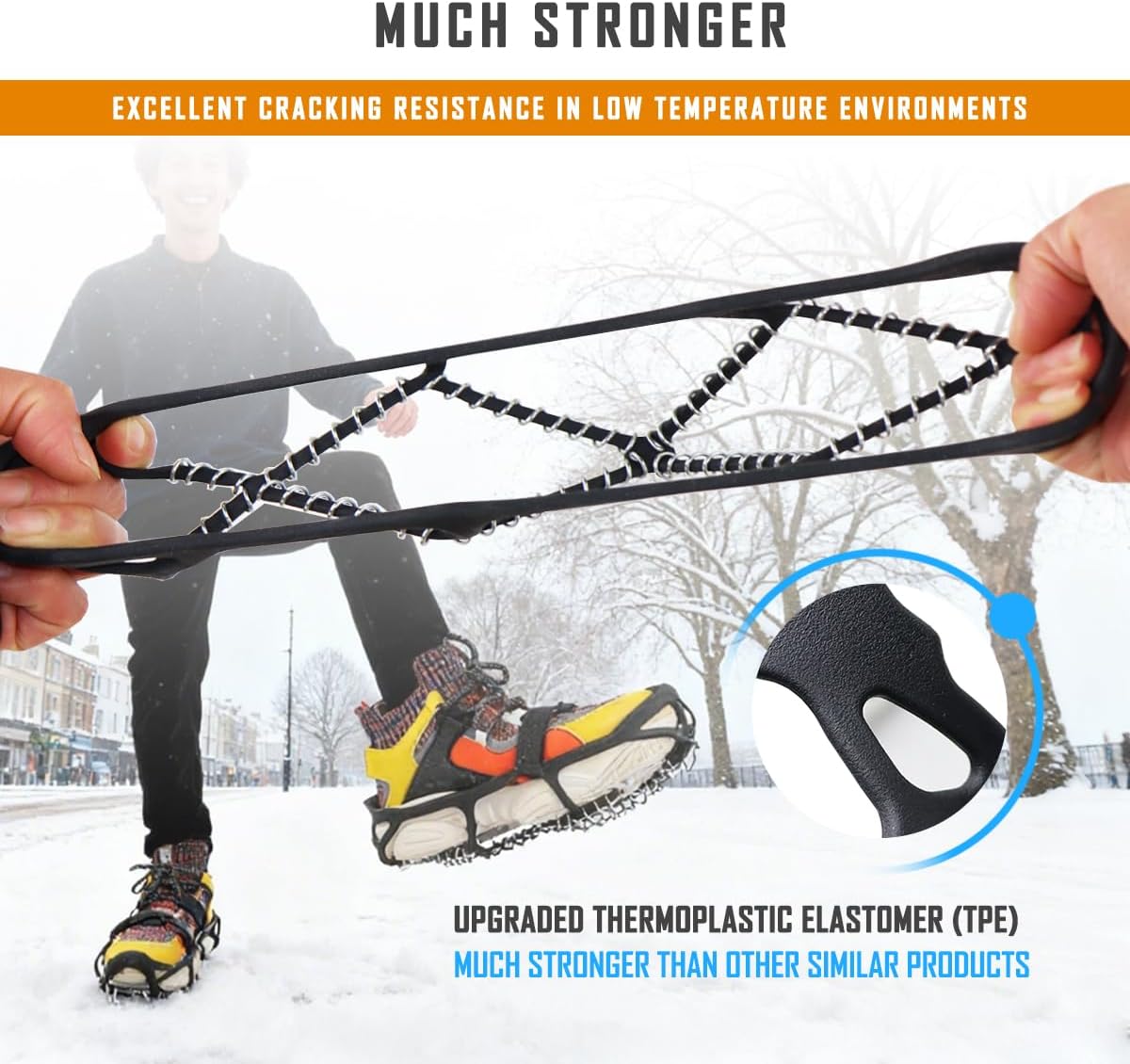 Anti-Slip Ice Cleats, Snow Grips, Crampons for Walking on Ice Snow | Ultra lightweight, Crack resistant High elasticity, for Hiking Fishing Running, with Storage Bag and 2 Straps
