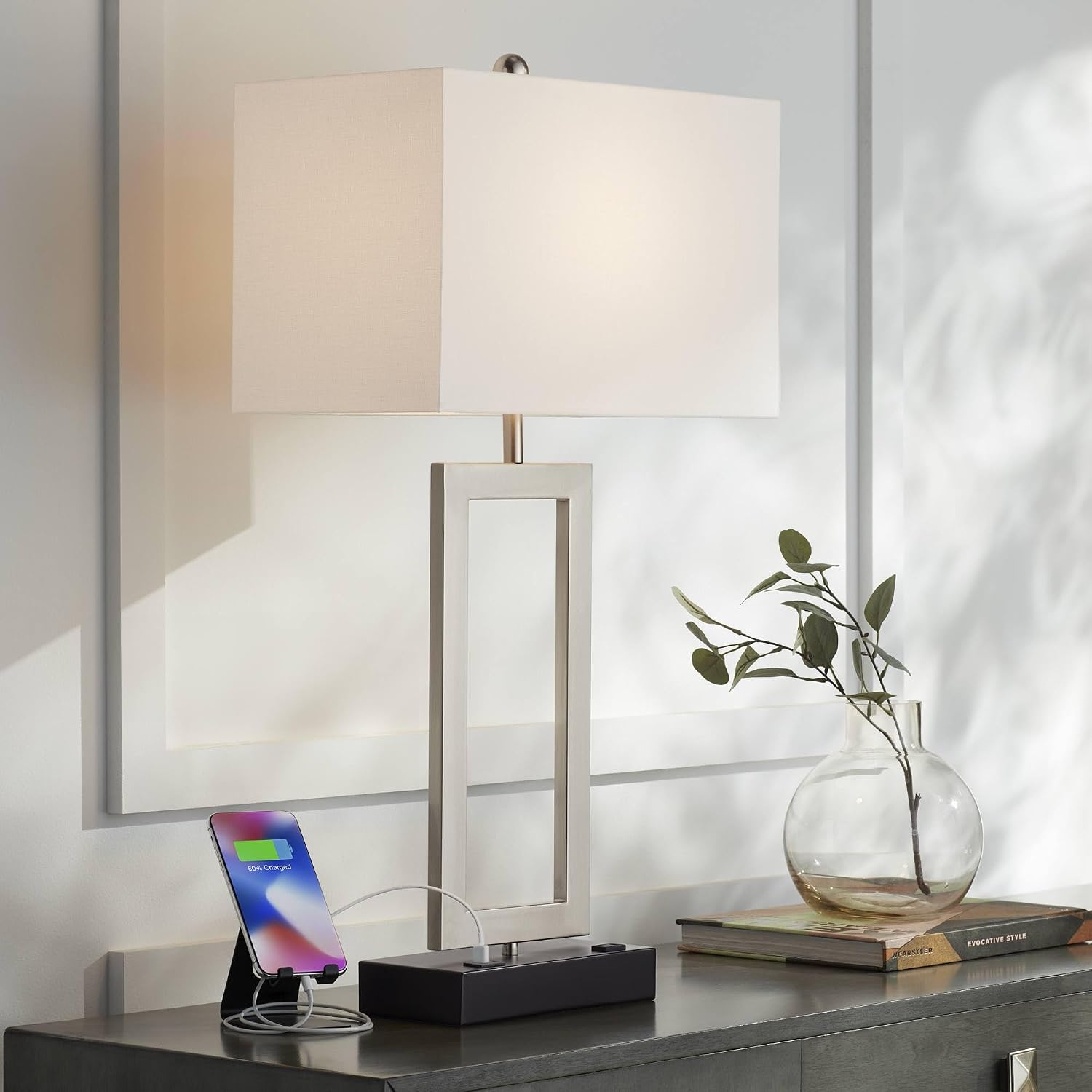 Todd 30" Large Table Lamp USB Brushed Nickel AC Power Outlet Modern | Hotel Charging Ports Living Room Bedroom House Bedside Nightstand Home Office Family Rectangle White Shade