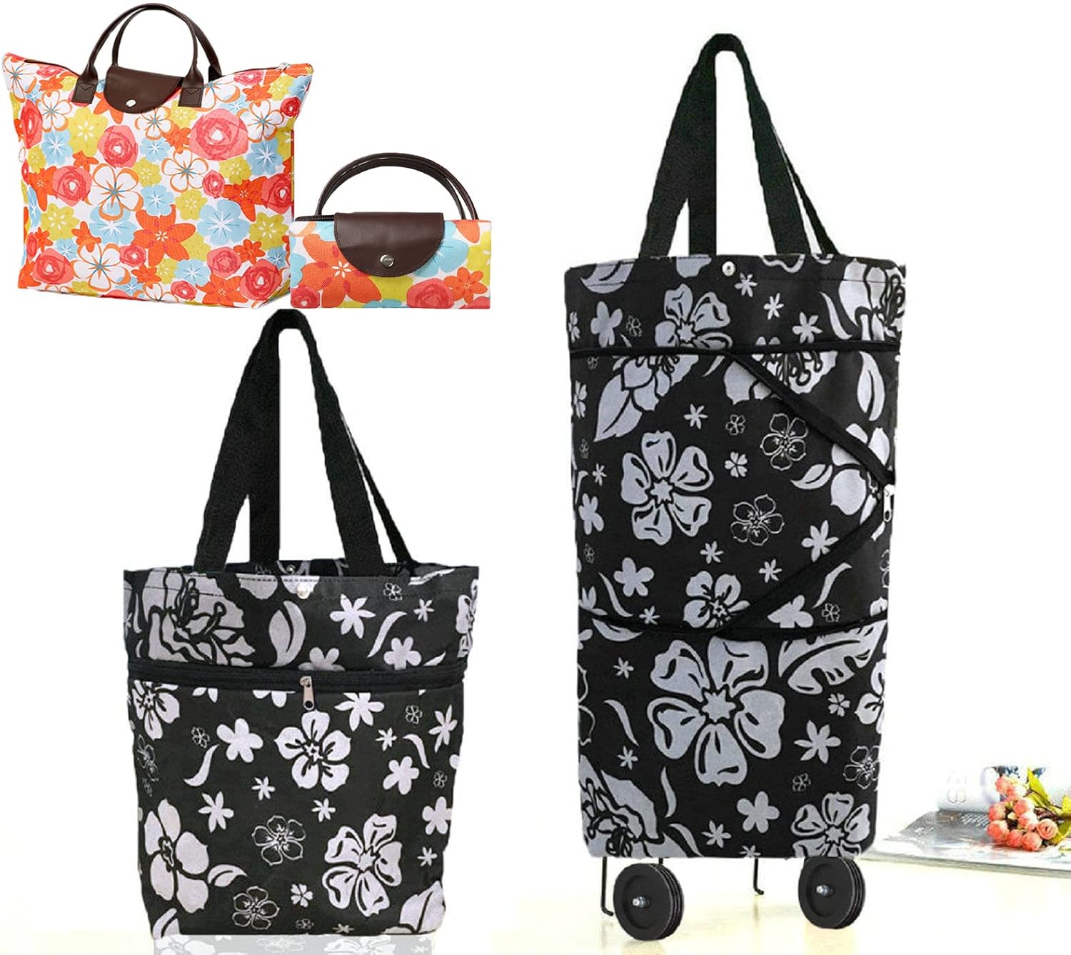 Collapsible Shopping Bag with Wheels Portable Shopping Cart with 360° Swivel Wheels Rolling Tote Bag Reusable Grocery Bag Trolley Bag on Wheels for Travel Shopping and Daily Use(Blue)