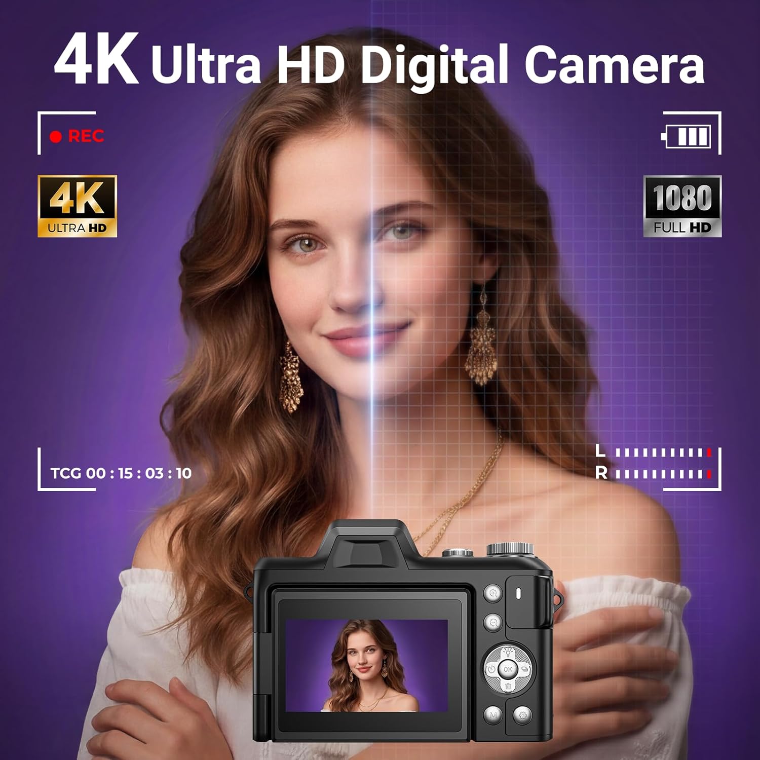 4K Digital Camera for Photography, 56MP Autofocus Vlogging Camera for YouTube Travel, 3" 180°Flip Screen & Lens Hood 16X Zoom