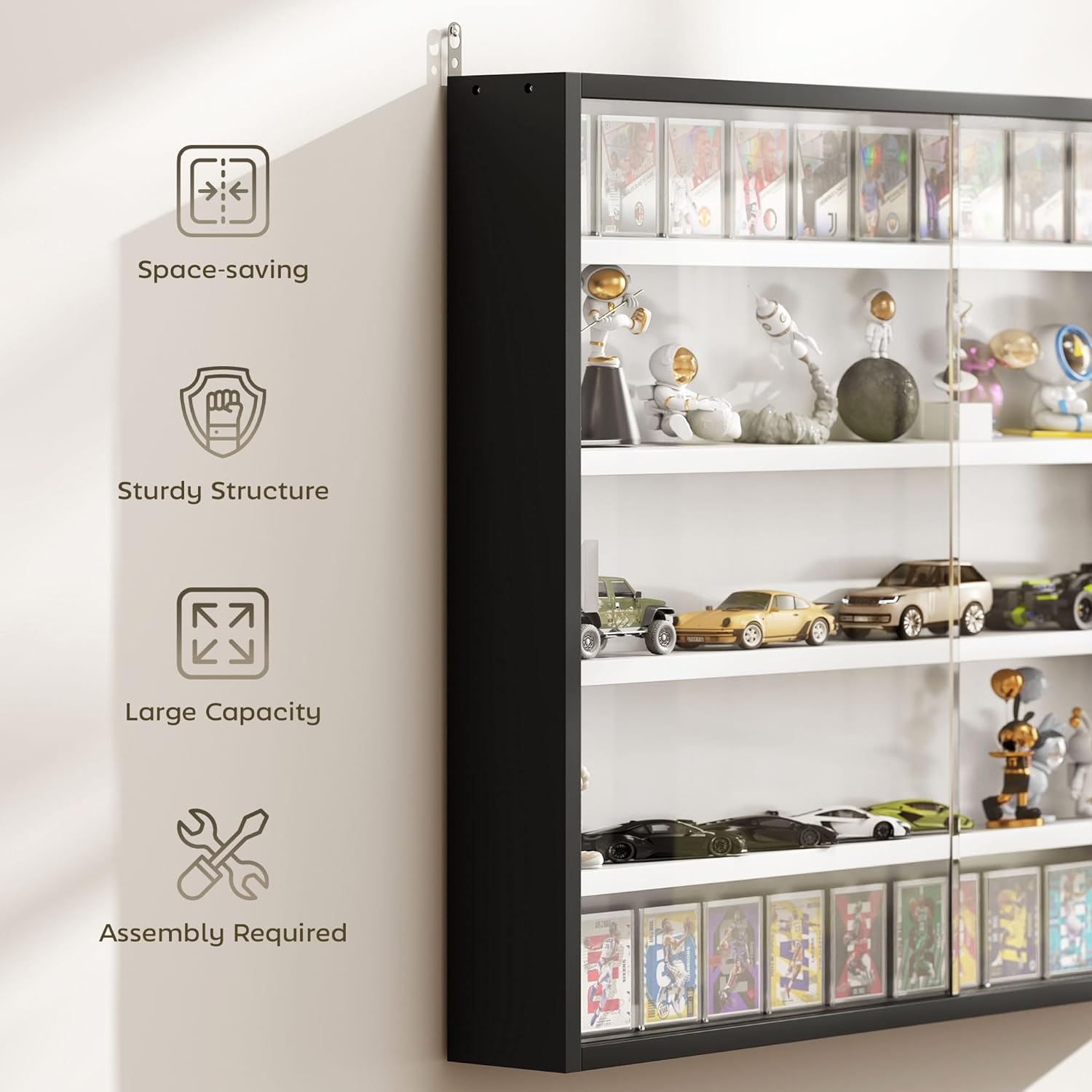 HOMCOM 5-Tier Display Cabinet, Glass Door Cabinet with Adjustable Shelves, Wall-Mounted Display Case for Playroom, Bedroom, Black