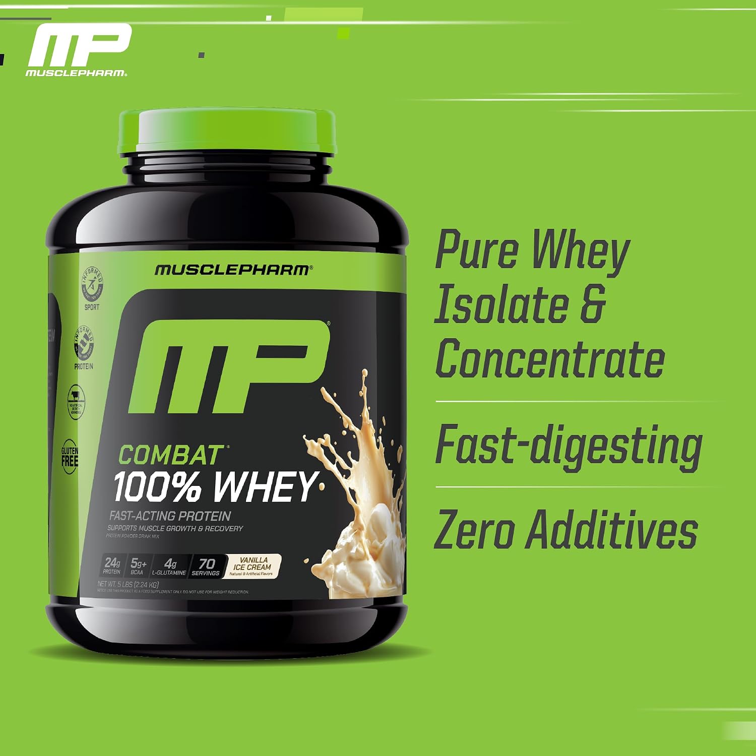 MusclePharm Combat 100% Whey Protein Powder, Vanilla Flavor, Fast Recovery & Muscle Gain with Whey Protein Isolate, High Protein Powder for Women & Men, Gluten Free, 5 lb, 70 Servings | Whey Protein Isolate, Fast Recovery Support, Muscle Gain Support, Hi…