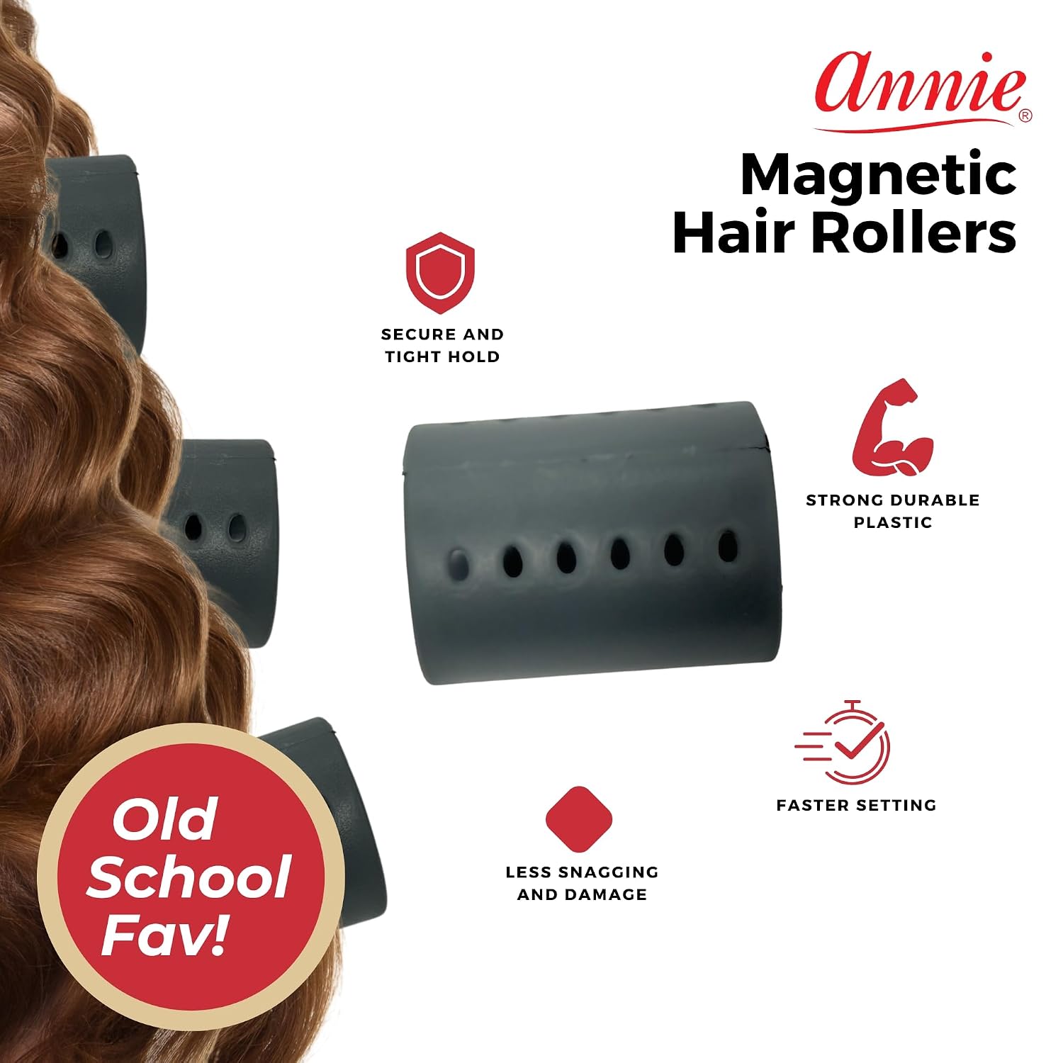 Annie Magnetic Hair Rollers 2 Inch, 12 Count Gray Curlers for Smooth Curls & Waves, Easy Dry or Damp Sets, Secure Comfortable Fit, Use with Pins/Clips