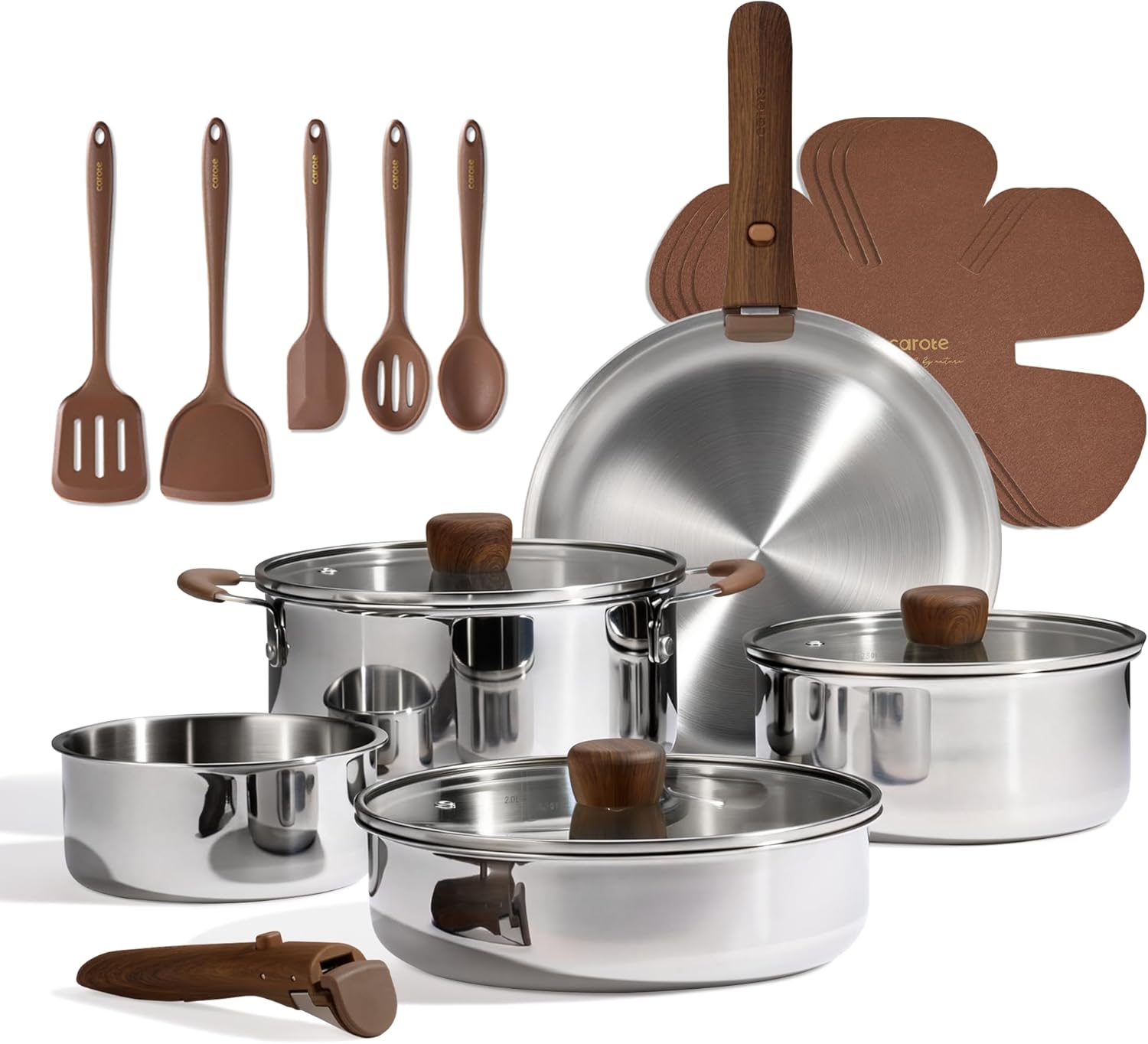 CAROTE 19pcs Tri-Ply Stainless Steel Cookware Set with Detachable Handle | Pots and Pans Set, Even Heating, Non-Toxic, Induction Compatible