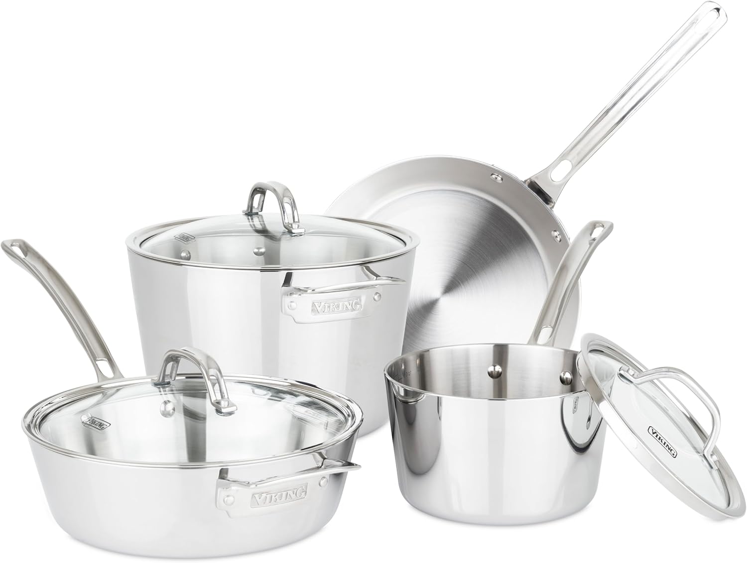 Viking Contemporary 3-Ply Pots and Pans Set, 10 Piece Stainless Steel Kitchen Cookware, Silver