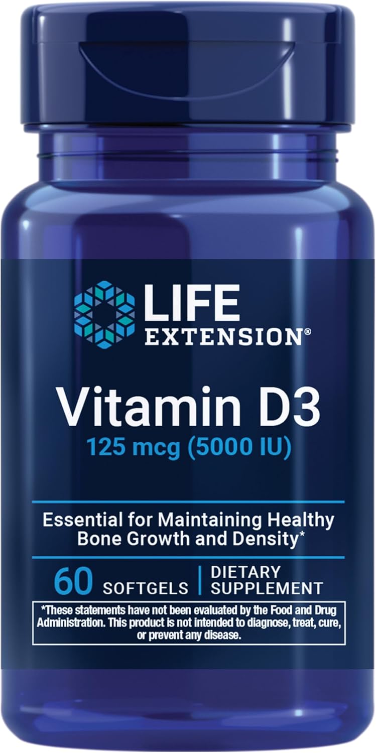 Life Extension Vitamin D3 125 mcg (5000 IU), Bone Health, Brain Performance, Immune System Support, Gluten-Free, Non-GMO, Once Daily, Two-Month Supply, 60 Softgels | Bone Health, Cognitive Health & Immune System Support, Gluten-Free & Non-GMO, Once Daily…