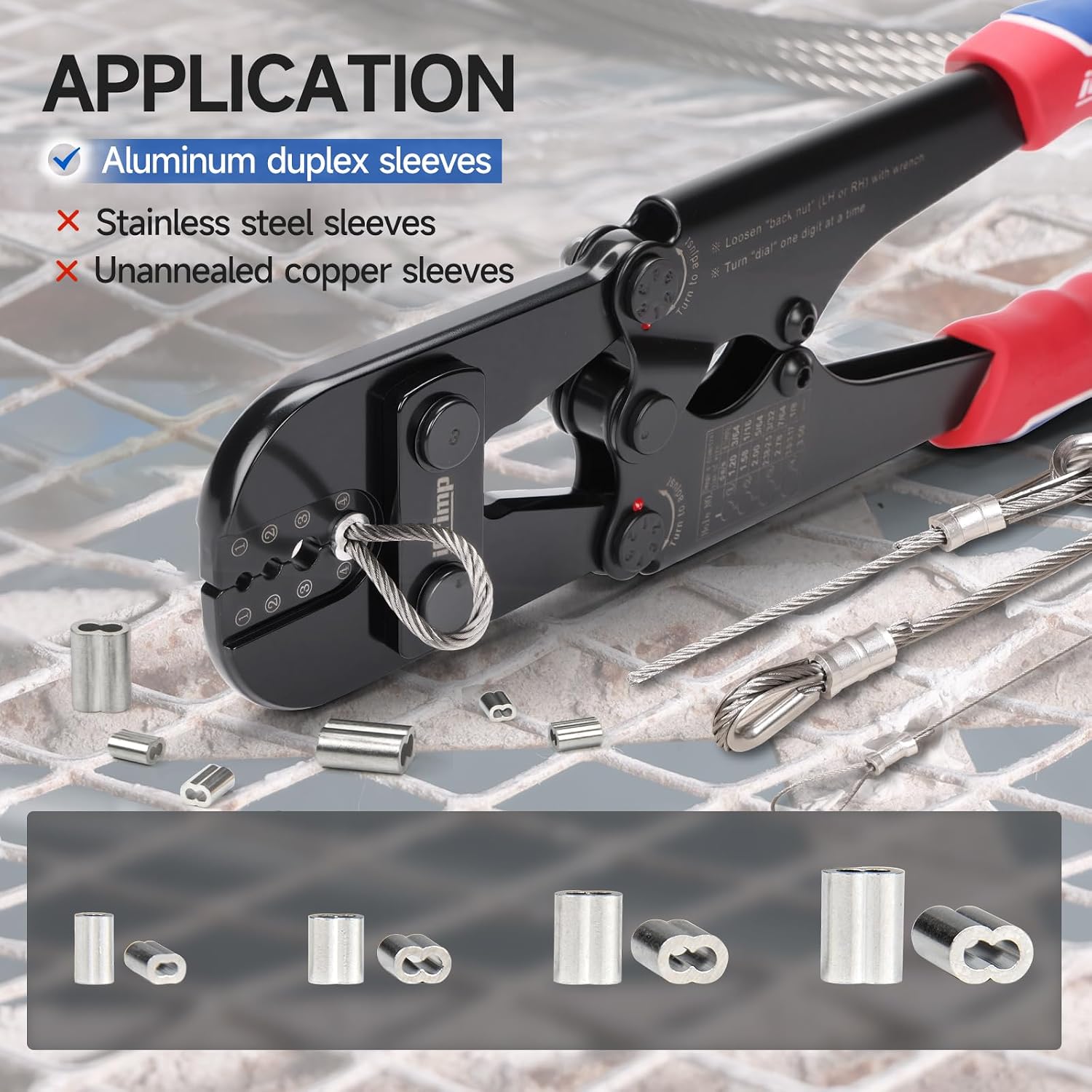 iCrimp IWS-1608M4 Wire Rope Crimper 3/64" to 1/8" 4 Dies | High carbon steel swaging tool for aluminum oval, double-barrel & annealed copper sleeves; ideal for railing, cable & fishing