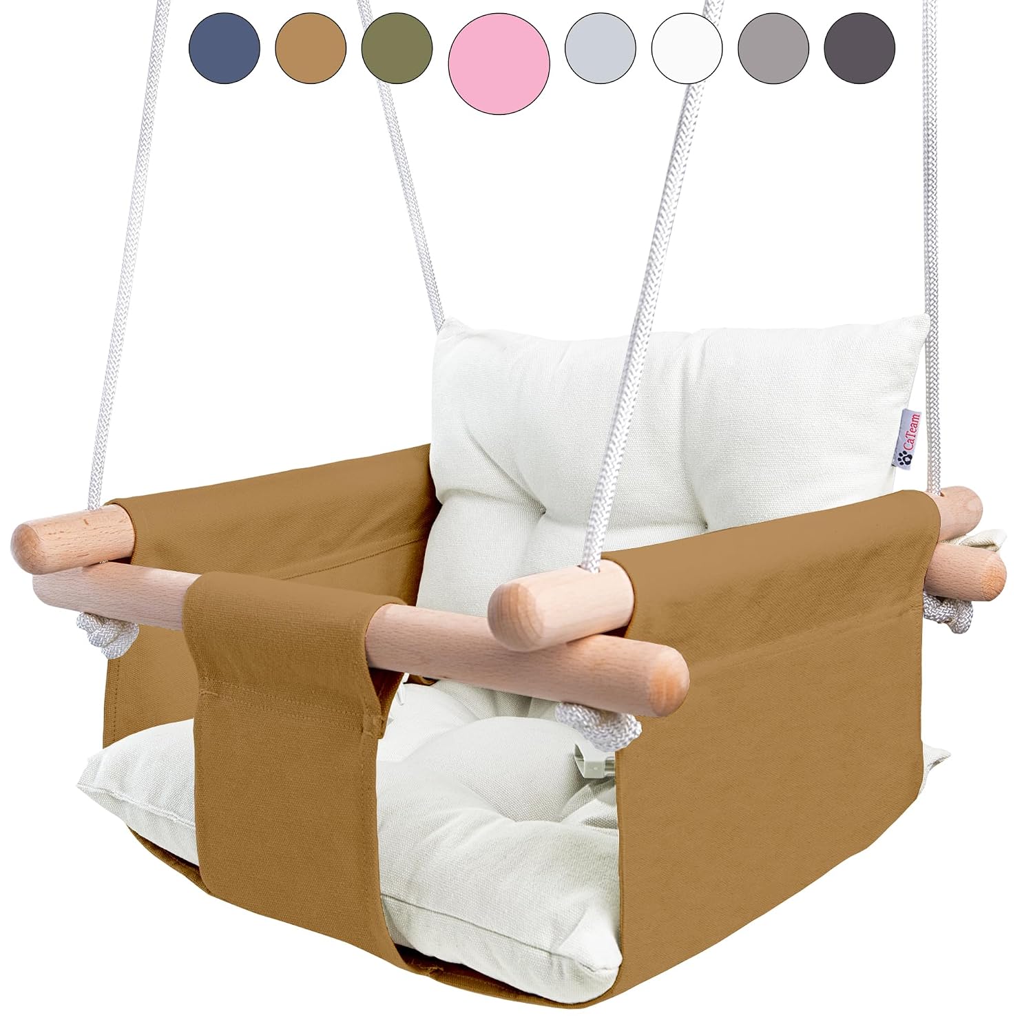 CaTeam Canvas Baby Swing Seat with 5-Point Safety Belt — Wooden Hanging Toddler Swing, Indoor & Outdoor, Ages 1-4, Ceiling Mount Hardware Included
