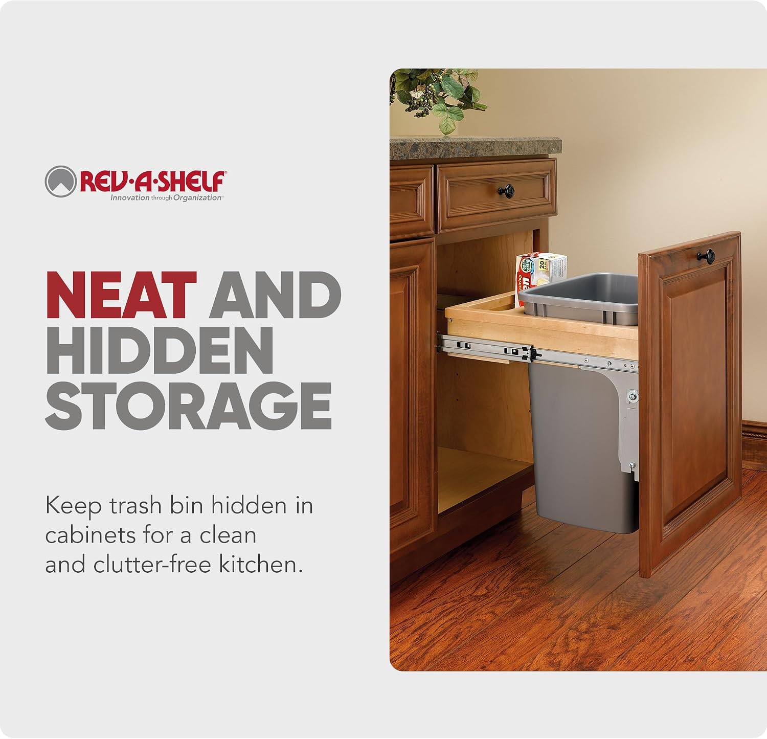 Rev-A-Shelf Top Mount Single Pullout Under Cabinet 35 Quart Kitchen Trash Can w/Storage & Reduced Depth, 150 Pound Rated Full-Extension Slides