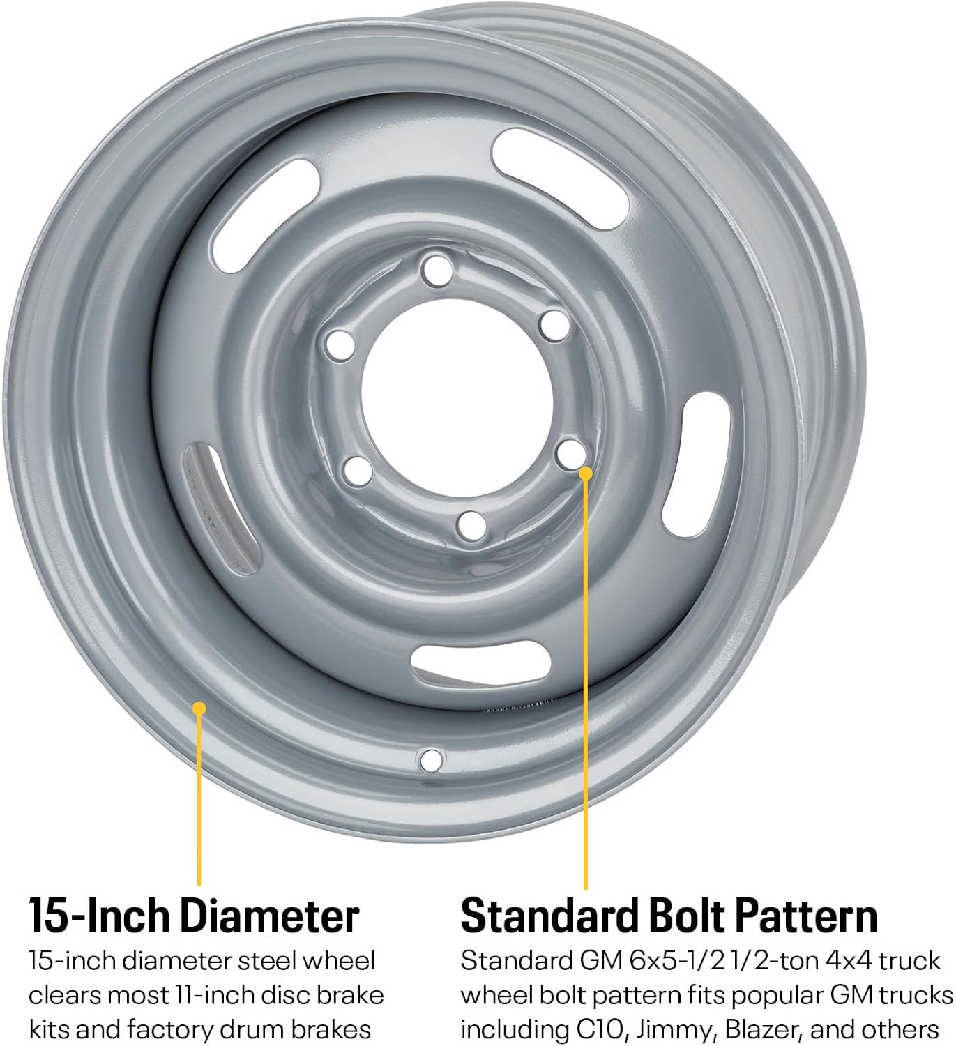 Speedway Motors 15 Inch GM Rally Truck Wheel, 6 on 5.5 Inch Bolt Pattern, Silver Painted Steel Rim, 8 Inch Width, Classic 5-Slot Design