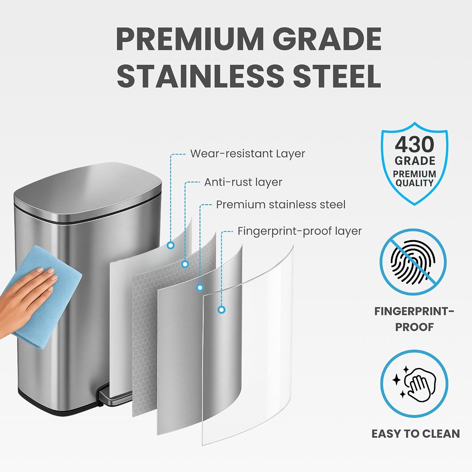 iTouchless Glide 13 Gallon Sensor Garbage Can with Wheels and Odor Control System, Stainless Steel, Automatic Kitchen Bin and Office Trash Bin (Powered by Battery or Optional AC Adapter)