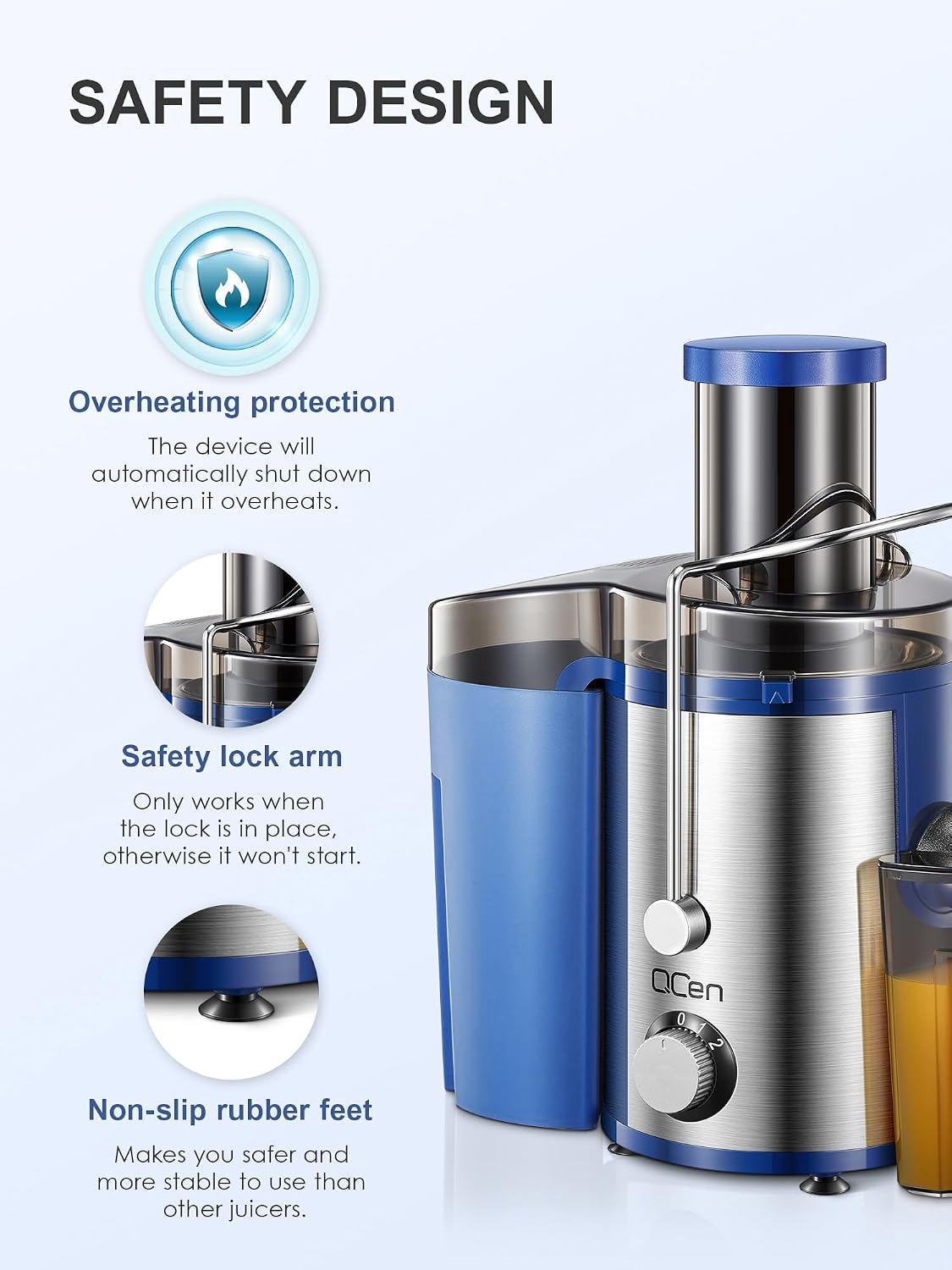 QCen Juicer Machine 500W Centrifugal Juicer with Extra Wide Feed Chute