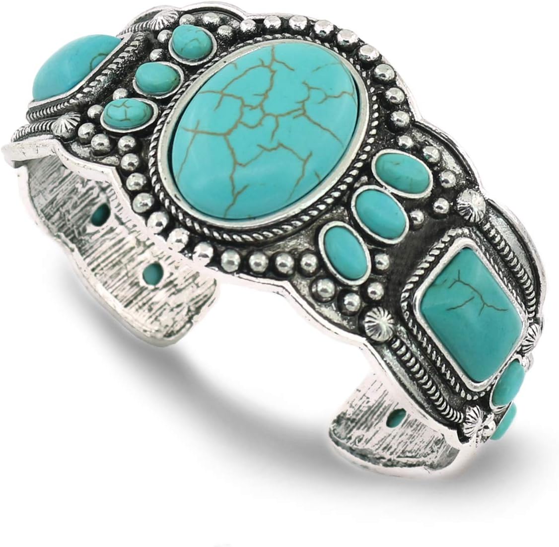 Women's Antique Rgentium Plated Base Heart Compressed Turquoise Bracelet Cuff Bangle Fashion Jewelry