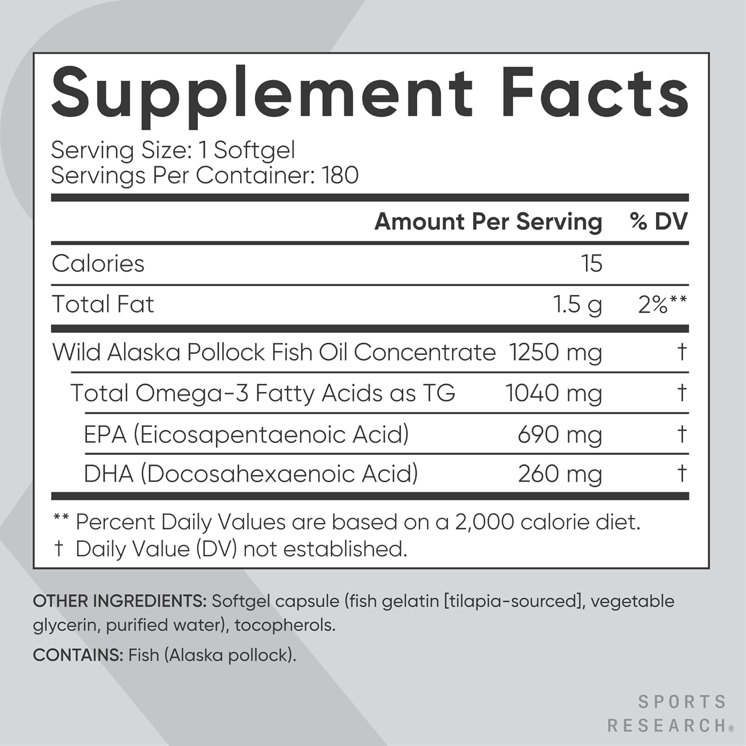 Sports Research® Omega-3 Fish Oil 1250mg from Wild Alaska Pollock,180 Count | Always Fresh Never Fishy | 690mg EPA 260mg DHA per Softgel · Heart & Brain Health* · MSC Certified Sustainable - 180 Servings