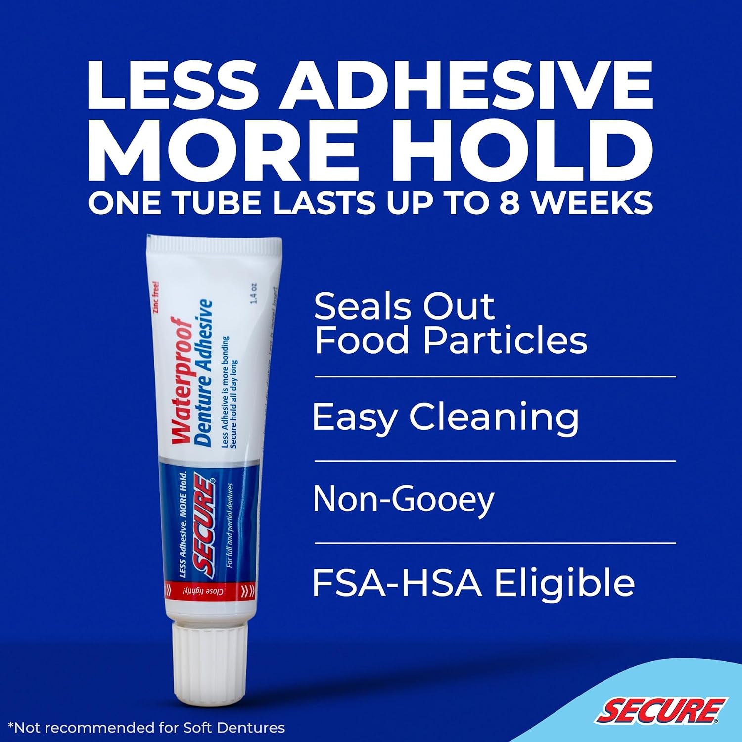 Secure Denture Adhesive Cream, Zinc Free Denture Glue, 1.4 oz | Waterproof Seal - Food Grade Ingredients - Less Adhesive, More Hold - Tube Lasts Up to 8 Weeks