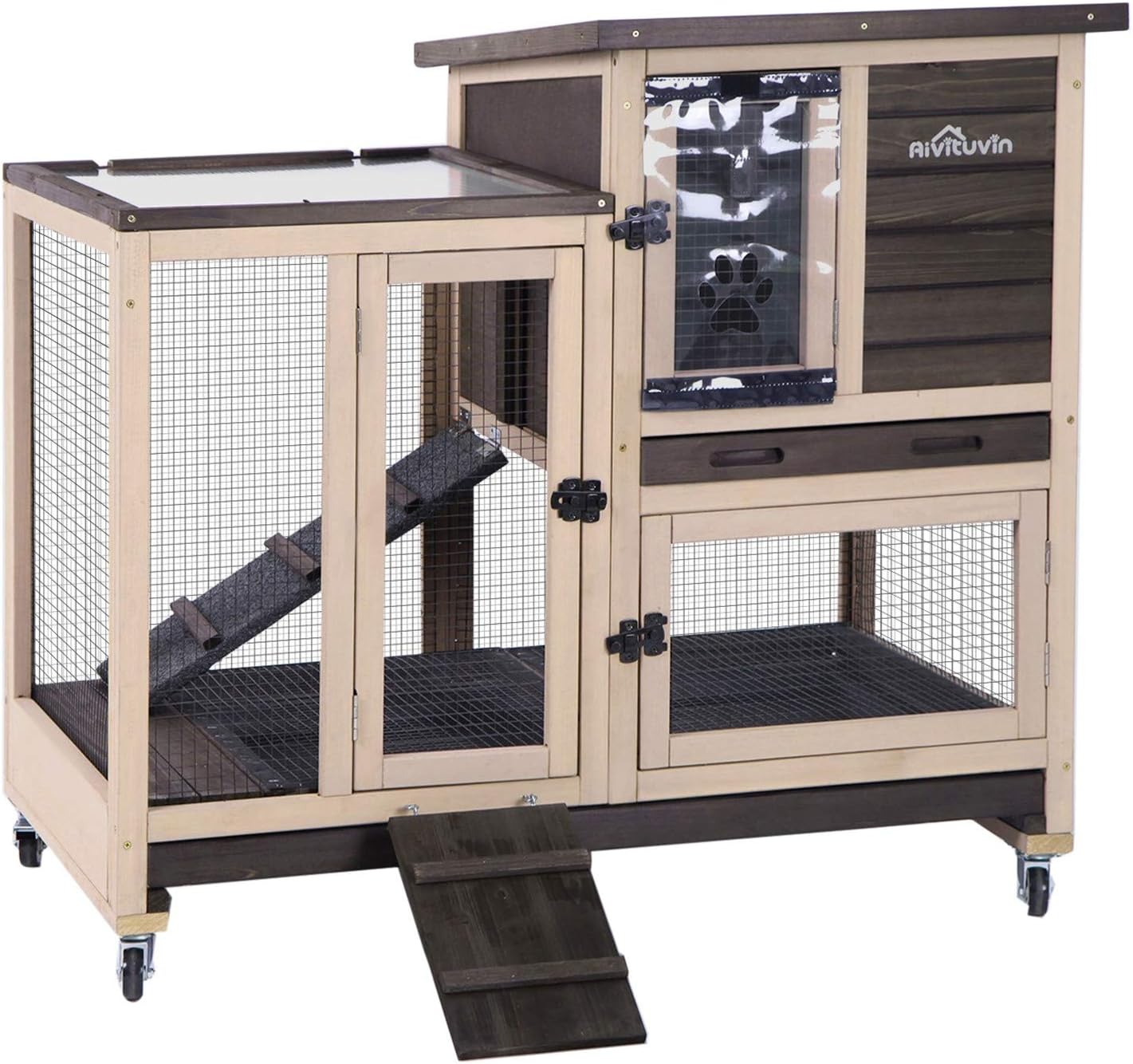 Aivituvin Upgrade Rabbit Cage Indoor Bunny Hutch with Run with Two Deeper No Leak Trays - 4 Casters Include for Outdoor (Coffee)