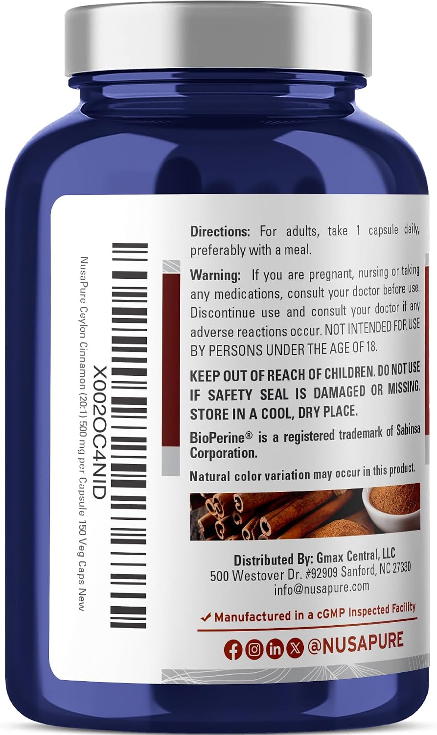 Ceylon Cinnamon, Non-GMO, Vegan, 500mg, 150 Capsules - 150 Servings